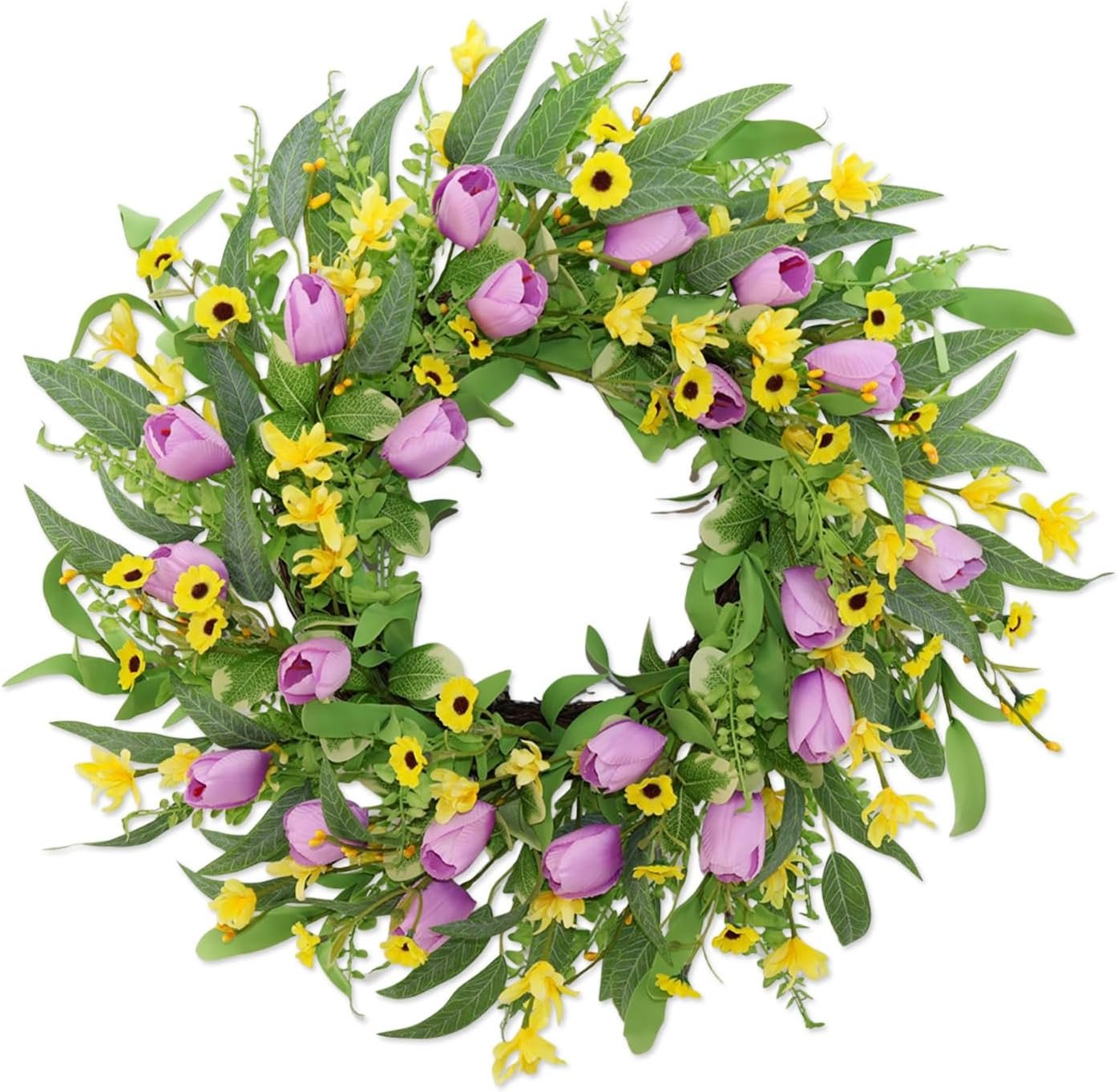 Spring Summer Wreaths for Front Door,22 Inch Artificial Purple Tulip Wreath with Wildflowers,Eucalyptus Leaves for Indoor Outdoor Wall Porch Festival Farmhouse Home Holiday Decor.