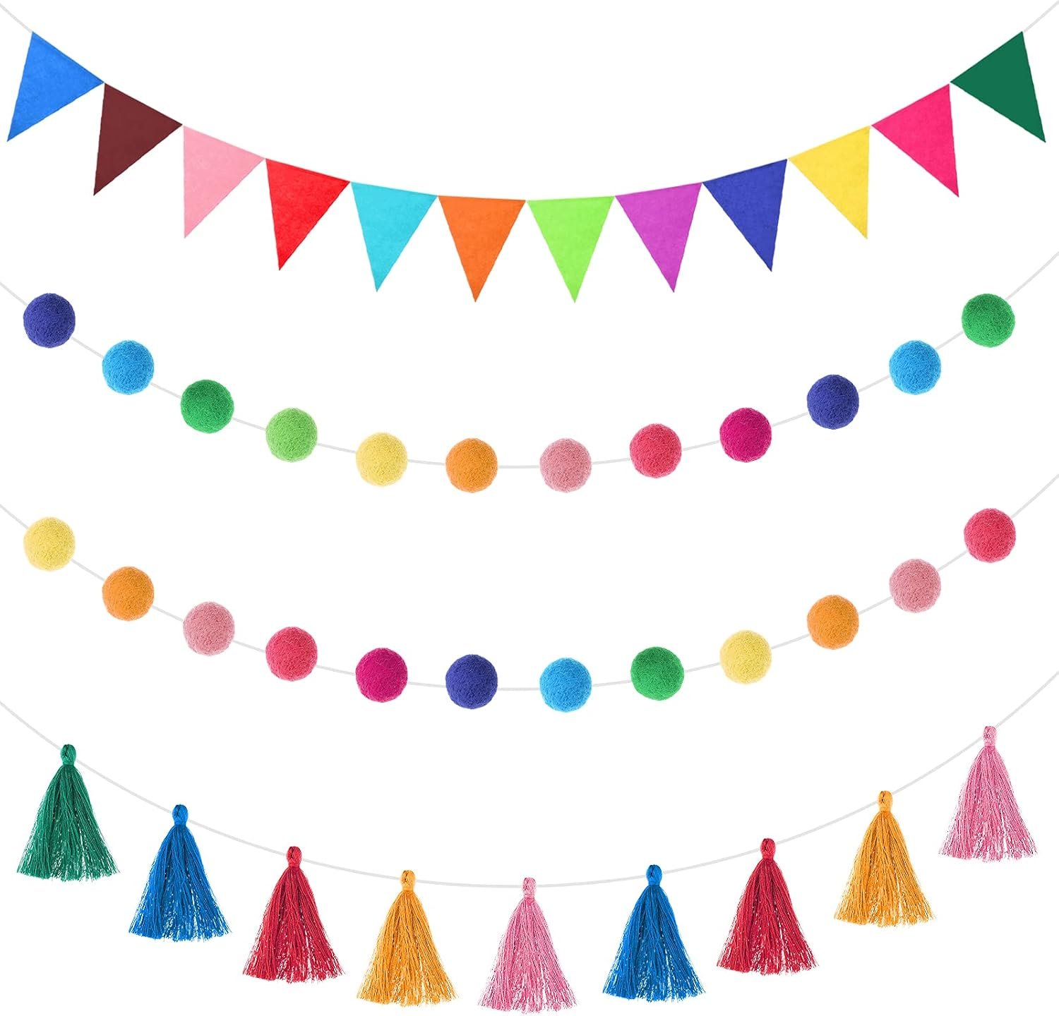 Irenare 9.8 ft Pom Pom Garland for Classroom Felt Rainbow Garland Back to School Party Decoration Colorful Pennant Tassel Banner Birthday Triangle Banner for Classroom School Mantel(Multicolor)