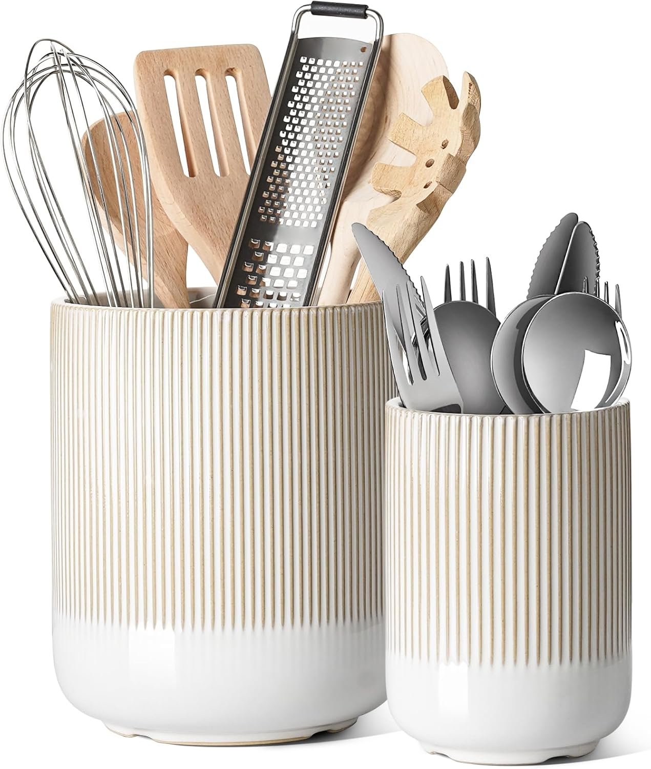 LE TAUCI Utensil Holder for Kitchen Counter, 7.3″+5.4″ Fluted Ceramic Utensil Crock Organizer for Countertop, Heavy Large Holder for Spatulas, Spoons, Set of 2, Warm White Glaze