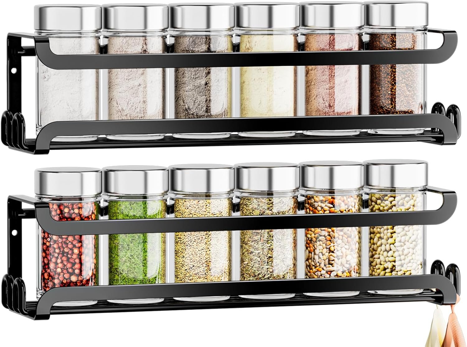LUCYCAZ 2 Pack Wall Mounted Spice Rack for Spice Jars & Seasonings (Black) | 8 Metal Hooks, Space-Saving,Screw or Adhesive Spice Shelf Hanging,for Kitchen Cabinet,Pantry Door,RV,Camper Spice Orgnaizer