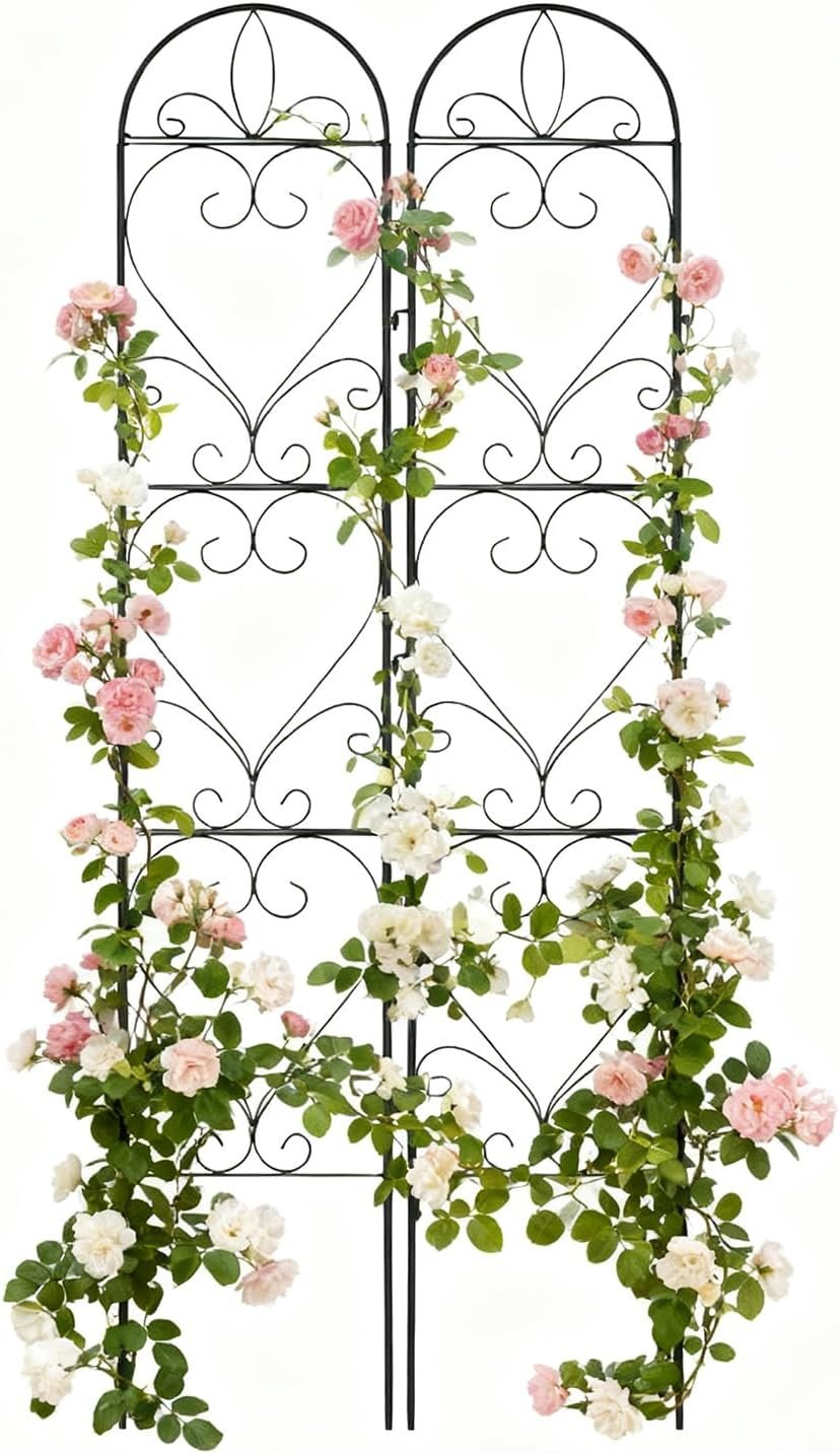 2PCS Metal Garden Trellis for Climbing Plants Outdoor, Heavy-Duty Cucumber Tomato Trellis for Raised Garden Bed, Decorative Wrought Iron Trellis Arch for Wedding Party Decor