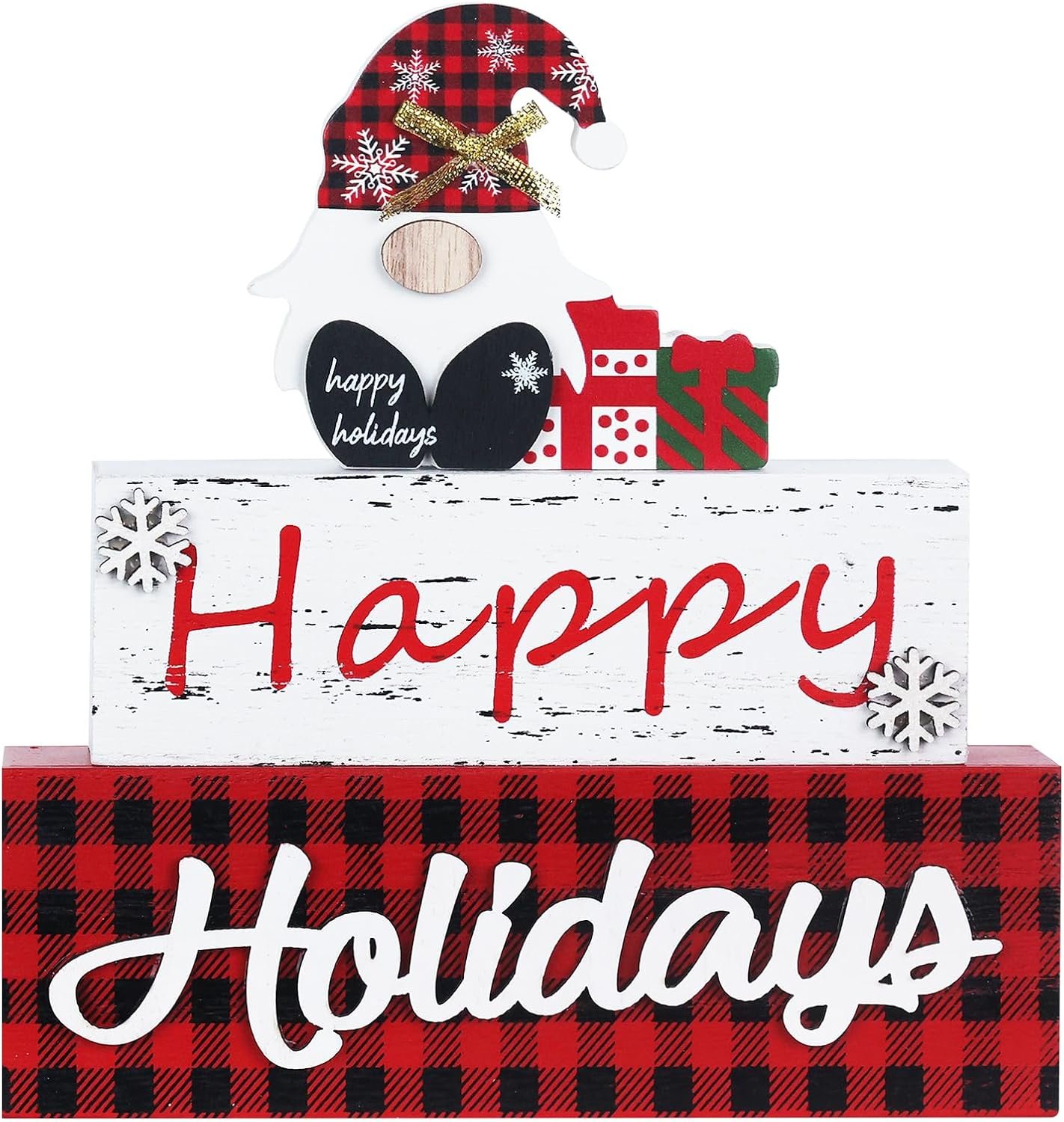 MEETYAMOR Christmas Decor, Large Size 3-Layered Gnome Wood Block with Happy Holidays Sign Christmas Table Decor, Farmhouse Rustic Xmas Decorations Indoor for Home, Mantle, Shelf, Living Room