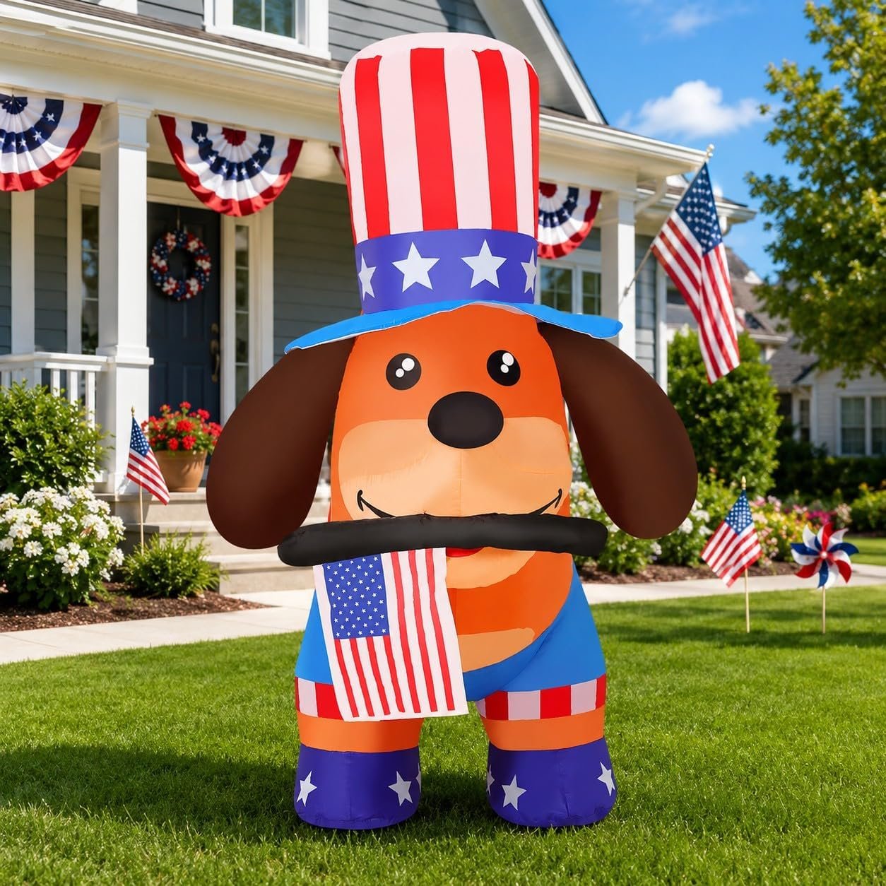 COMIN 5 FT Independence Day 4th of July Inflatables Dog Bite the Flag Outdoor Decorations Blow Up Yard with Built-in LEDs for Indoor Party Garden Lawn Decor