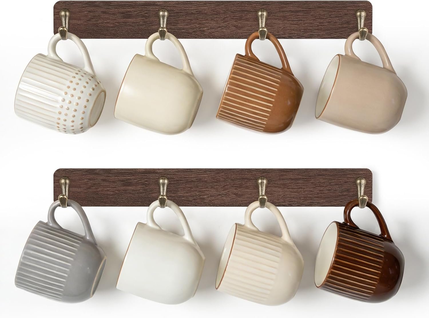 Mkono Coffee Mug Holder Wall Mounted Rustic Coffee Mug Rack with 8 Hooks Metal Display Shelf Wooden Tea Cup Organizer Hanger for Kitchen Dining Room Cabinet Coffee Bar,Set of 2 (Brown)