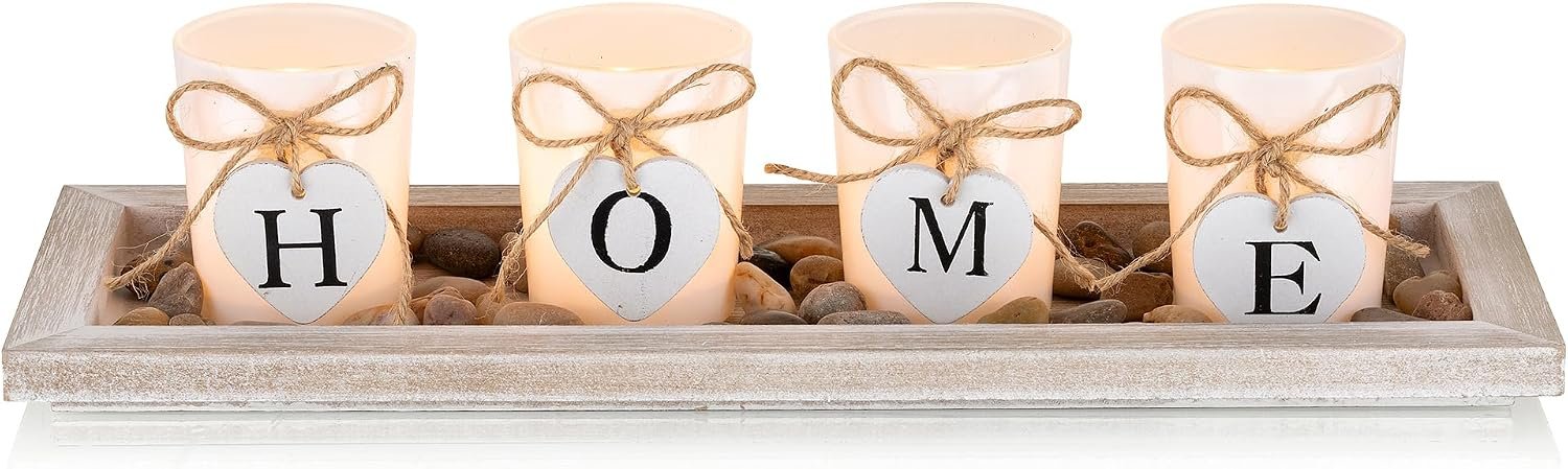 Romadedi Farmhouse Centerpiece Candle Holder Decor – Rustic Wooden Tray with 4 Glass Tealight Candles Holders for Coffee Table Home Decorations Living Room Fireplace Kitchen Housewarming Gifts