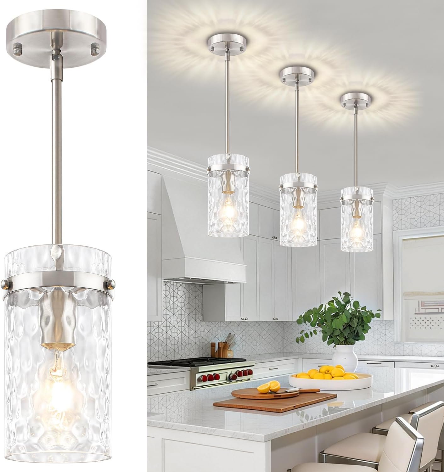 3 Pack Brushed Nickel Pendant Lights Kitchen Island, Modern Hammered Glass Pendant Lighting Over Island Hanging Bathroom Light Fixtures Adjustable Mini Pendant Light for Hallway Entryway Dining Room