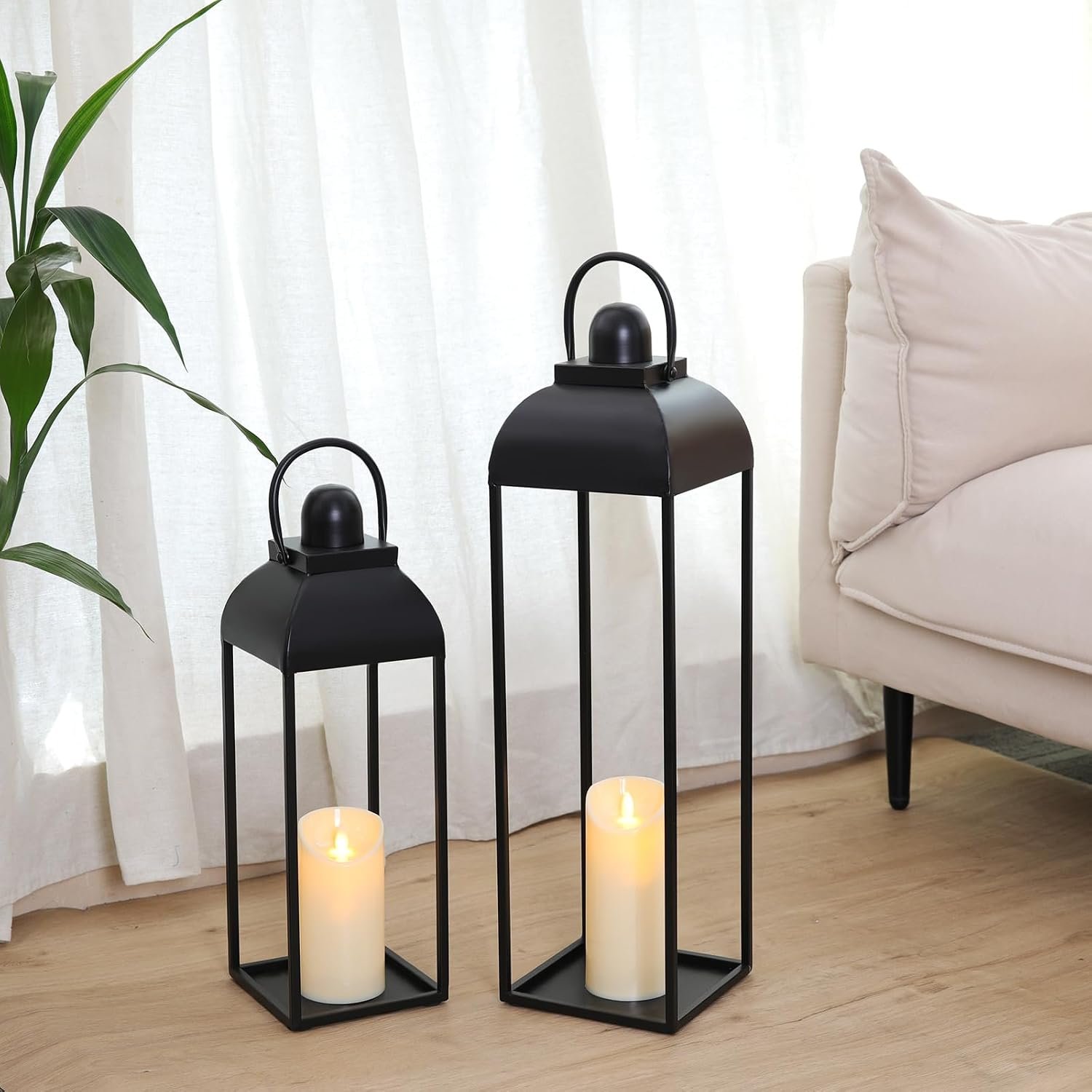 MATAHUM 25” 19” Lanterns Decorative Outdoor Indoor, Black Metal Outdoor Candle Lanterns, Set of 2 Modern Farmhouse Decorative Lantern for Fireplace, Patio, Porch, Floor, Christmas Lantern (No Glass)