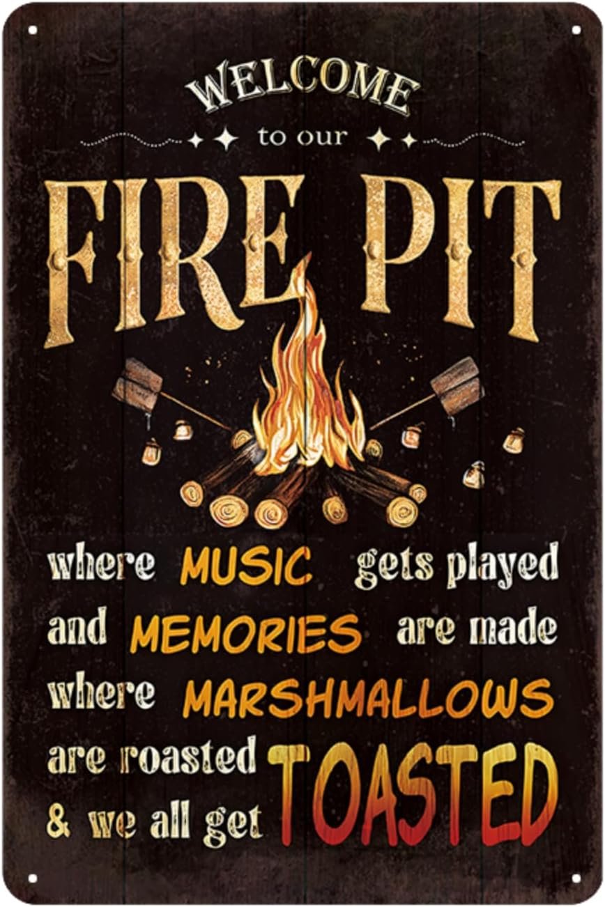 Welcome To Our Fire Pit Sign – Vintage Metal Tin Sign for Outside Firepit, Camper, Campsite, Patio, Backyard, Cabin House, Camping Decor Accessories, Gifts for Fire Pit Lovers, 8 x 12 inch