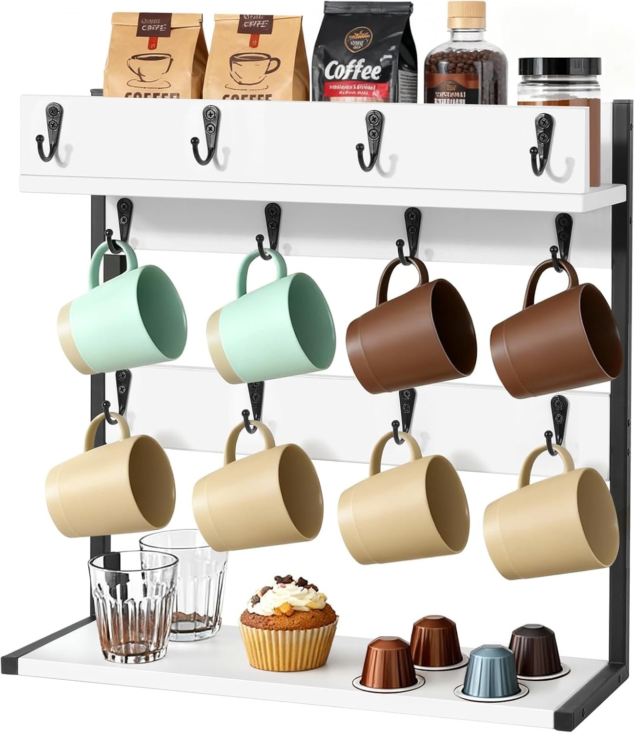 Coffee Mug Rack Holder Wall Mount – 2 Tier Mug Rack Stand with Storage Base for 12 Cups for Kitchen, Dining Room Counter Organizer, Coffee Bar Decor Accessories