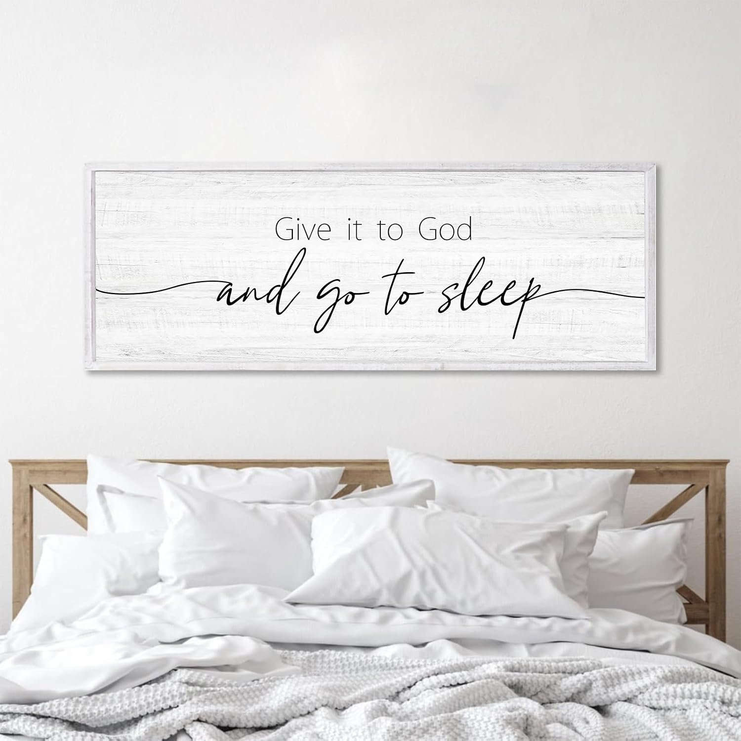 Give It to God and Go to Sleep Sign Framed Large 41”×15” Above Bed Wall Decor for Bedroom Farmhouse Wall Decor Guest Room Decor Rustic Master Bedroom Wall Decoration Wood Wall Art (white frame)