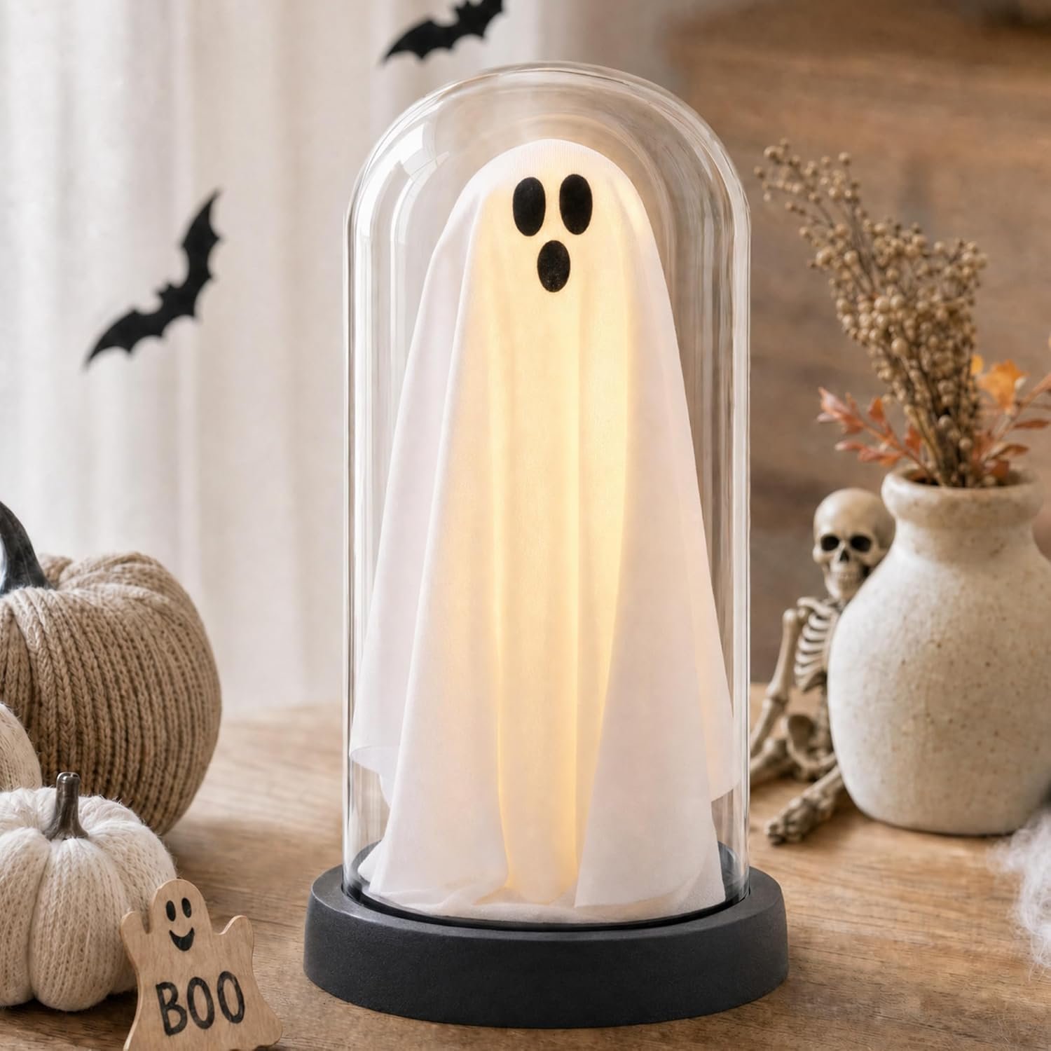 Halloween Decor-Halloween Decorations Indoor-Light Up Ghost in Glass Cloche-Cute Ghost with Light for Home Kitchen Mantel Tabletop Party Decor and Holiday Decorations