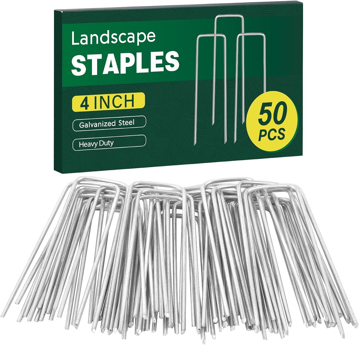 CEWOR 50 Pack Landscape Staples 4 Inch, Galvanized Garden Stakes 12 Gauge U-Shaped SOD Pins Yard Ground Staples for Landscaping Fabric, Plant Cover, Lawn, Turf, Irrigation Tubing Hose