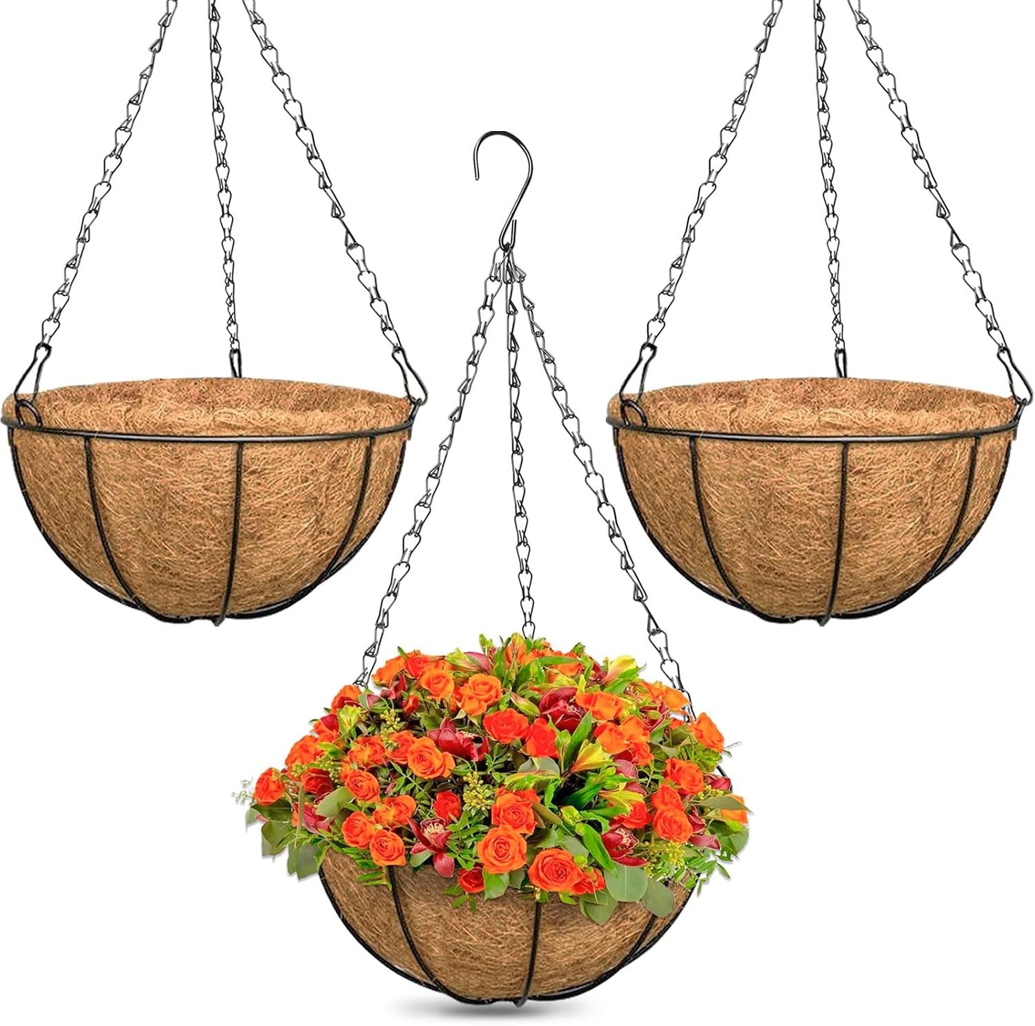 ZeeDix 3 Pack 12 Inch Outdoor Hanging Baskets, Metal Wire Hanging Planters with Coconut Liners, Round Hanging Baskets for Plants Flowers Ferns Home Garden Porch Balcony Railings Decor