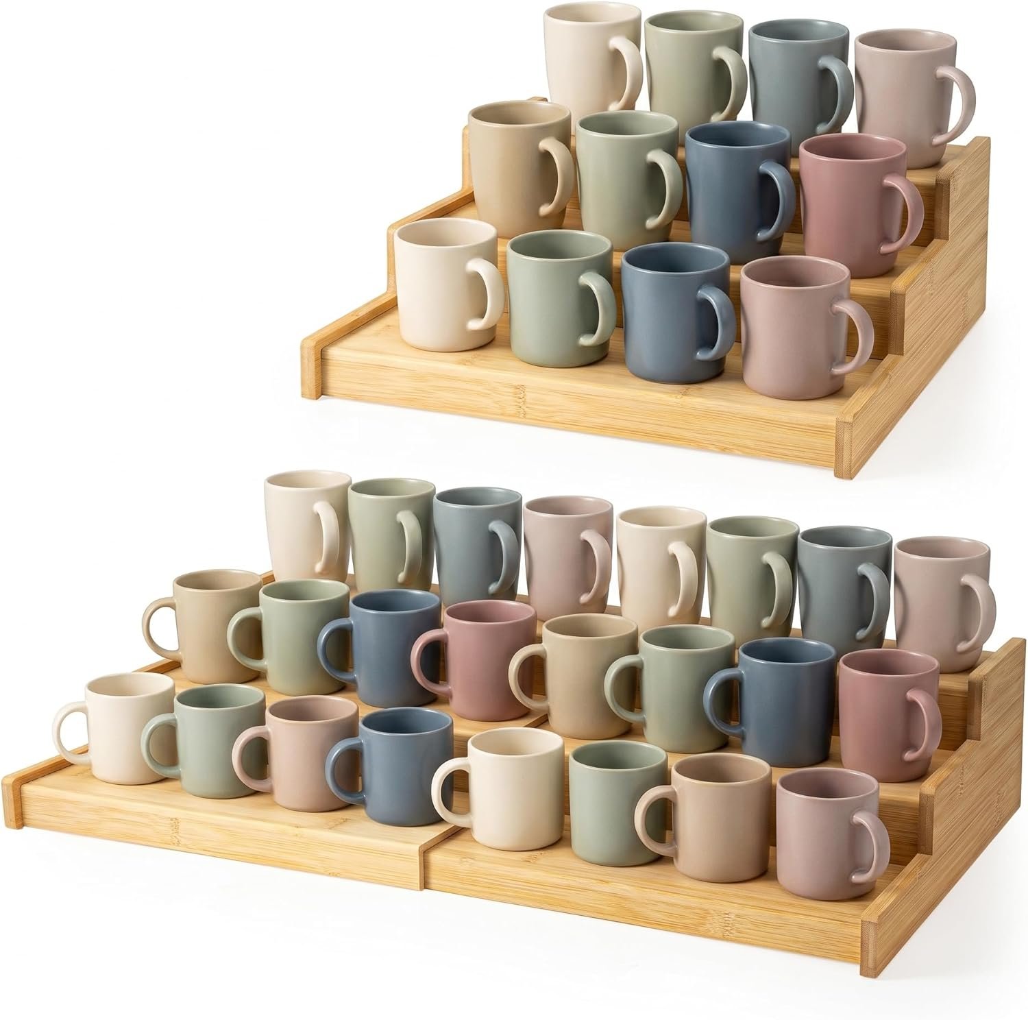 3-Tier Expandable Bamboo Mug Holder Shelf Rack For Countertop Coffee Cup Holder Display, Pantry Can Organizer for Cabinet, Coffee Bar Organizer for Kitchen