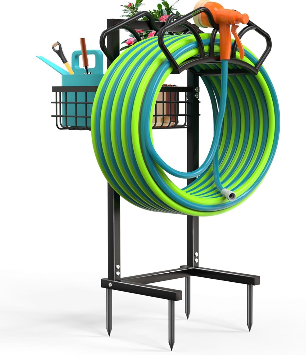 Qatsrin Upgraded Garden Hose Holder with Large Basket, Heavy Duty Water Hose Holder Supports 160-ft Hoses, Freestanding Detachable Hose Stand Storage Reel Hanger Rack for Yard Lawn Farm