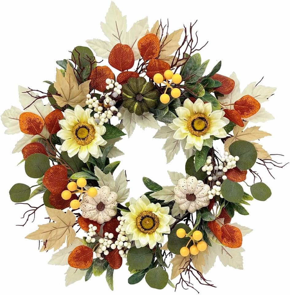 20 Inch Fall Sunflower Wreath for Front Door, Artificial Autumn Wreath with Pumpkins, Berries, White Sunflowers and Silk Leaves for Thanksgiving Farmhouse Home Window Wall Office Indoor Outdoor Decor