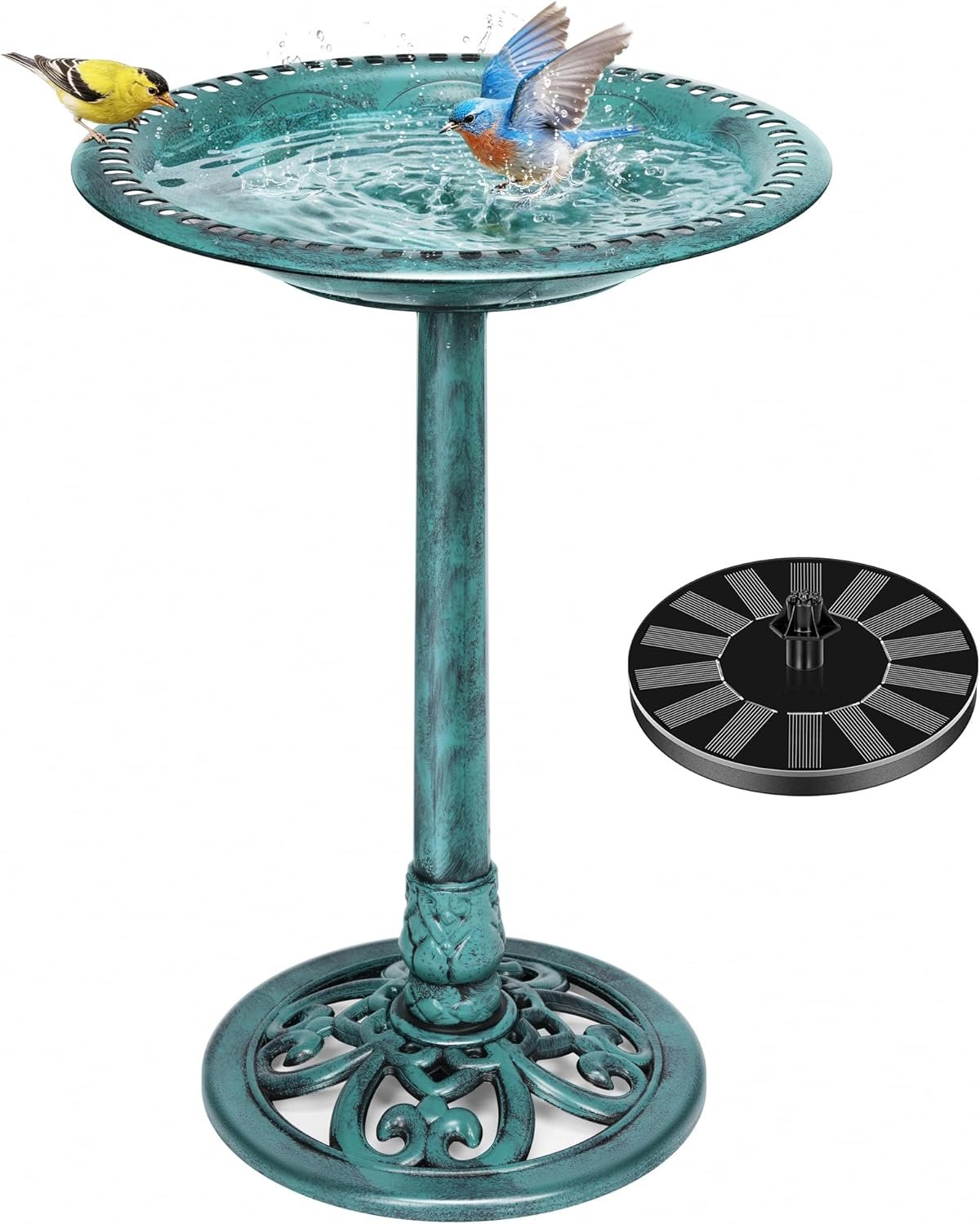 VIVOHOME Bird Bath with Solar Fountain for Outside, Polyresin Pedestal Bird Baths with Solar Powered Pump for Outdoor, Garden, Weather-Resistant Birdbaths with 20″ Bowl, Green