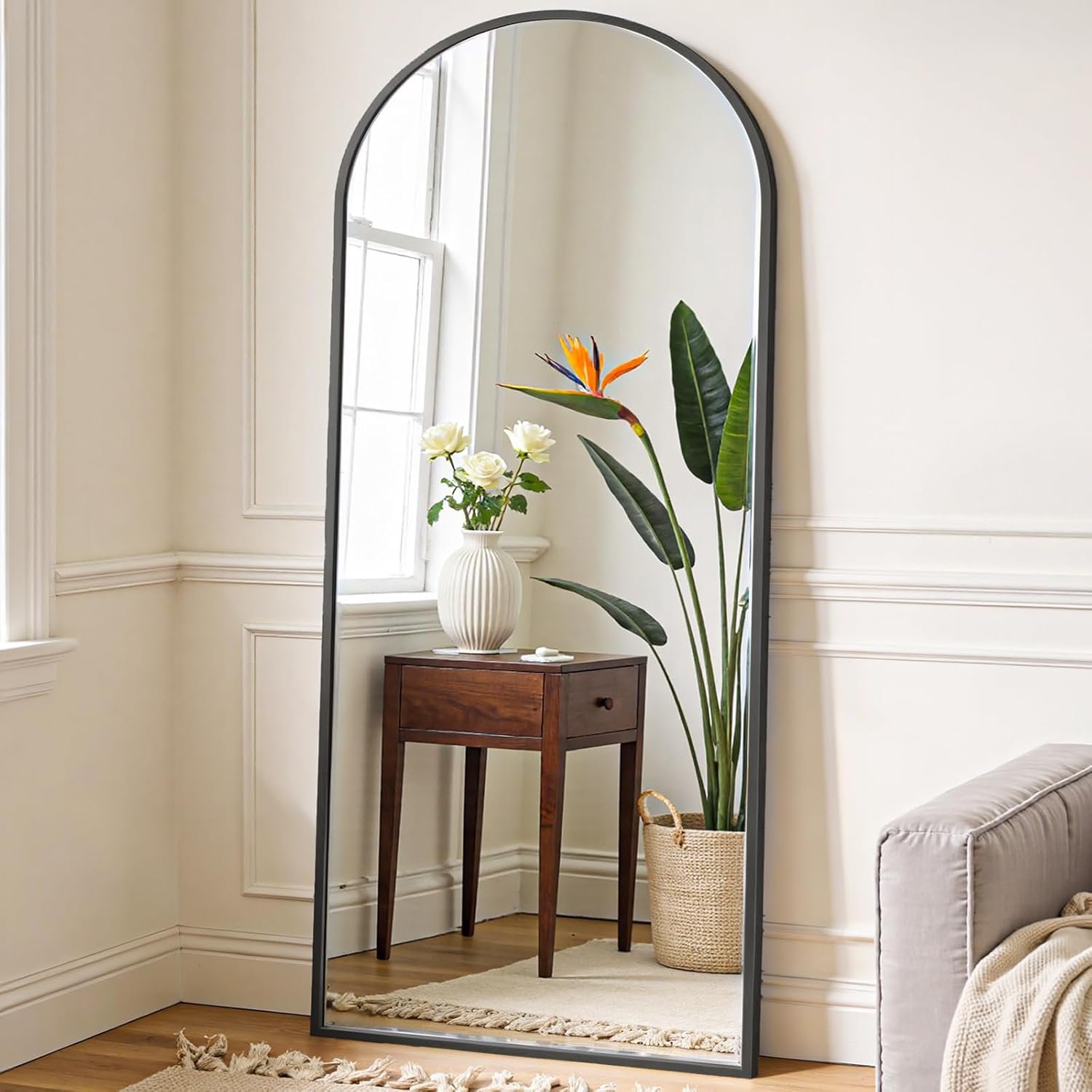 OLIXIS 64″x 21.5″ Arched Mirror Full Length, Full Body Mirror with Stand, Hanging or Leaning for Wall, Floor Standing with Shatter-Proof Glass for Bedroom, Living Room, Long, Black