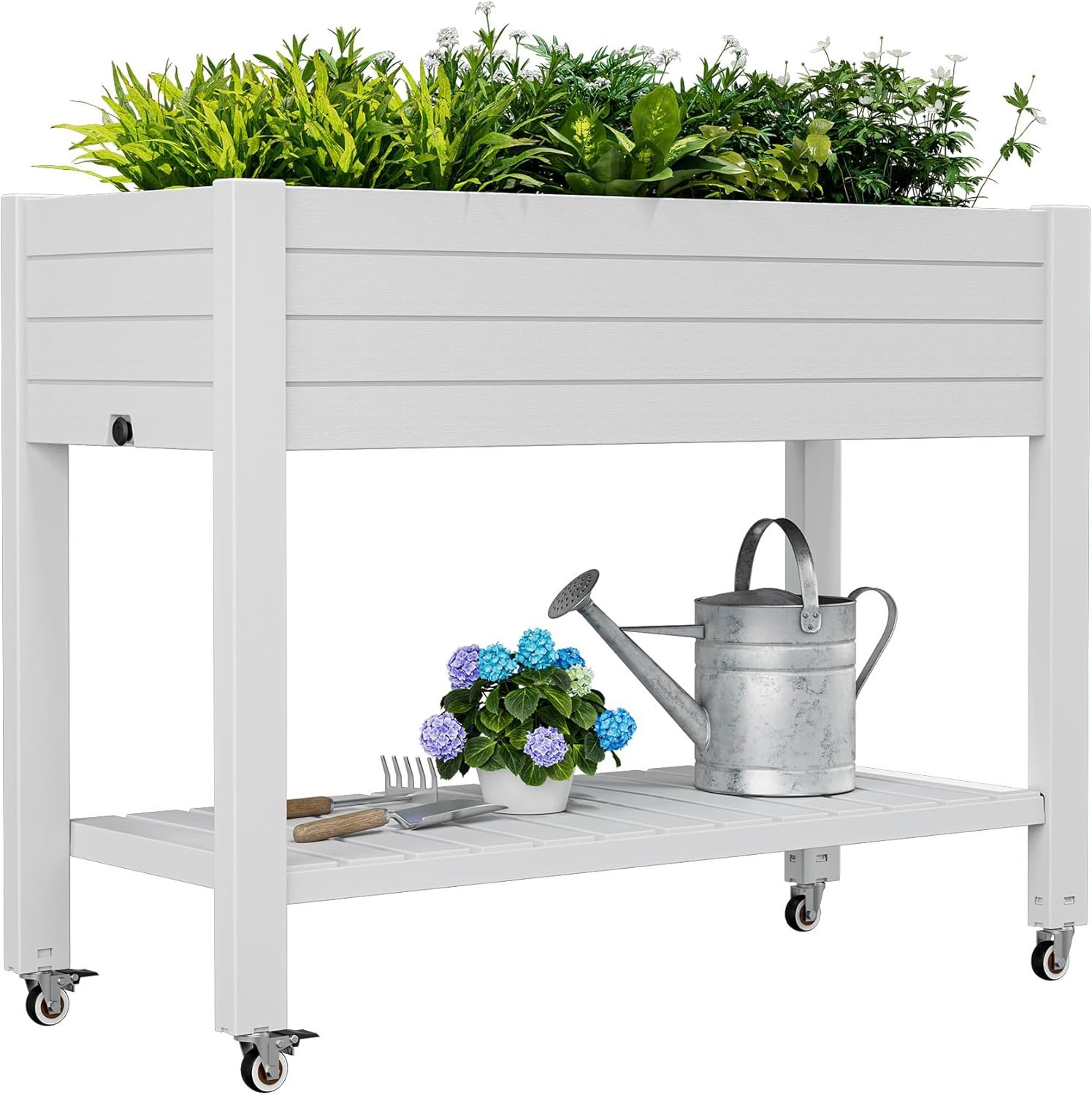 Elevate 33.7″ Tall Raised Garden Bed with Wheels, Divisible Resin Planter Box with Drainage Gauge & Storage Shelf, Herb Planter for Garden Patio Backyard, Ashen (33.7″ h)