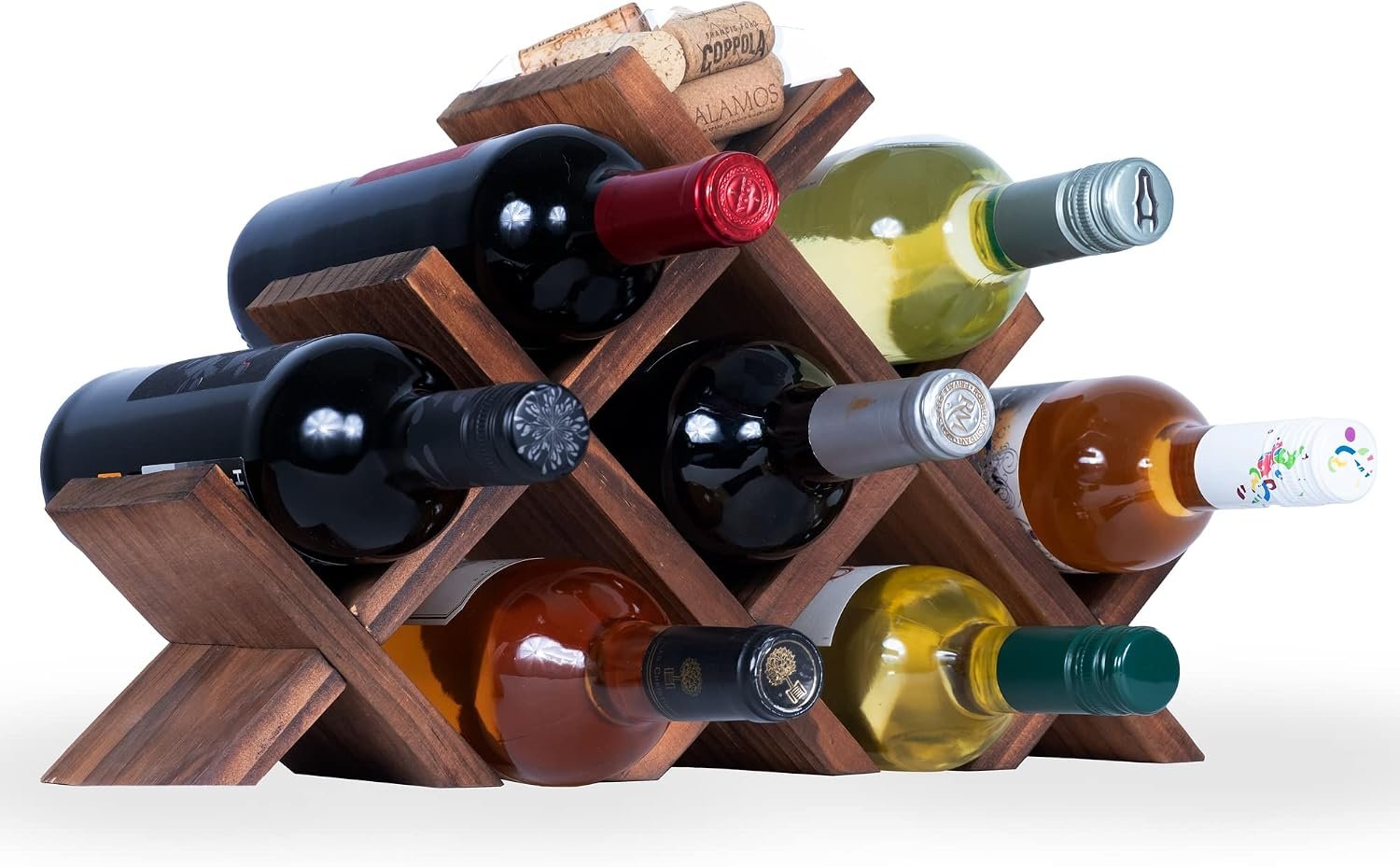 Rustic State Alella Countertop Wood Wine Rack for 8 Bottles Holder and Cork Storage Tabletop Butterfly Sleek Design Freestanding Organizer – Home, Kitchen, Dining Room Bar Décor – Walnut