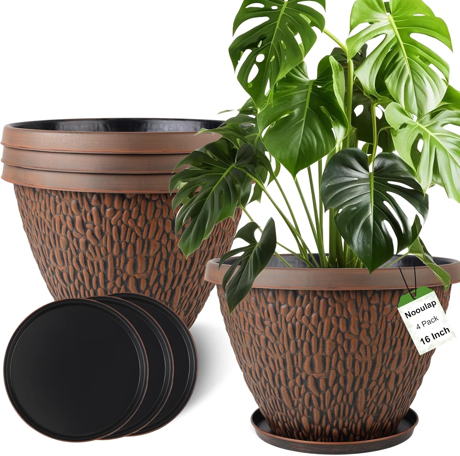 Nooulap 16 Inch Large Outdoor Plant Pot, 4 Pack Thickened Flower Pots with Drainage Holes & Saucer, Pebbles Pattern Design Tree Planters Outdoor for Garden Porch Home