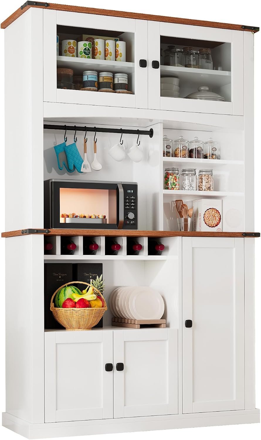 Einhomn 71″ Tall Kitchen Pantry Cabinet with Charge Station, 3 Adjustable Shelves, Wine Rack and Glass Door, Kitchen Hutch for Dining Room, Kitchen and Living Room, White