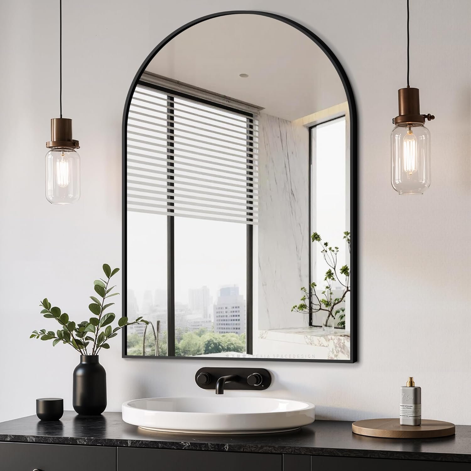 Delma Arched Bathroom Mirror, 24″x36″ Wall Mounted Vanity Mirror for Bedroom, Living Room and Entryway, Black