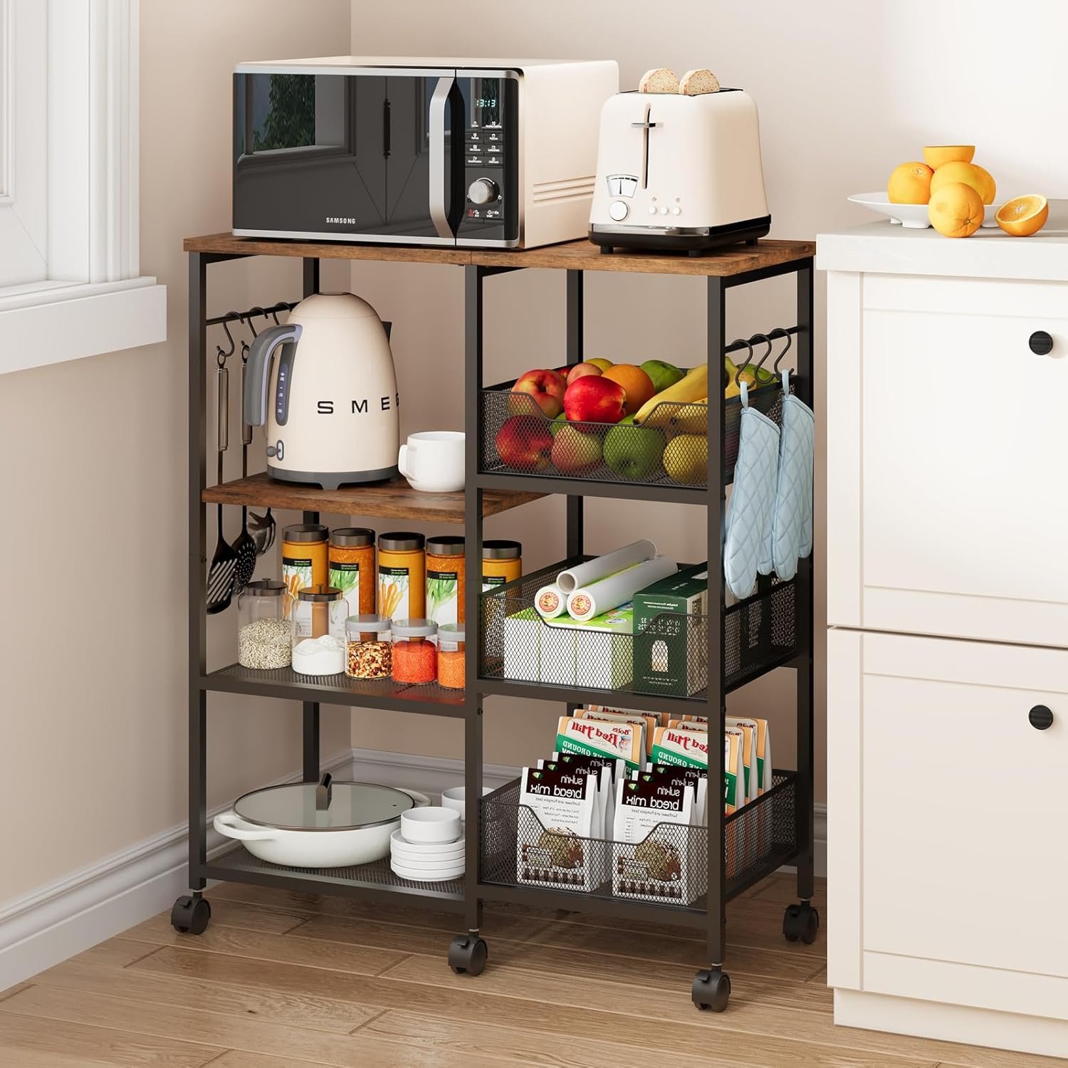 SWTYMIKI Kitchen Island Cart on Wheels – 4 Tier Rolling Kitchen Table Cart with Storage Shelves, 6 Removable Hooks& Locking Casters, Coffee Bar Cabinet for Dining Room Pantry Office, Espresso