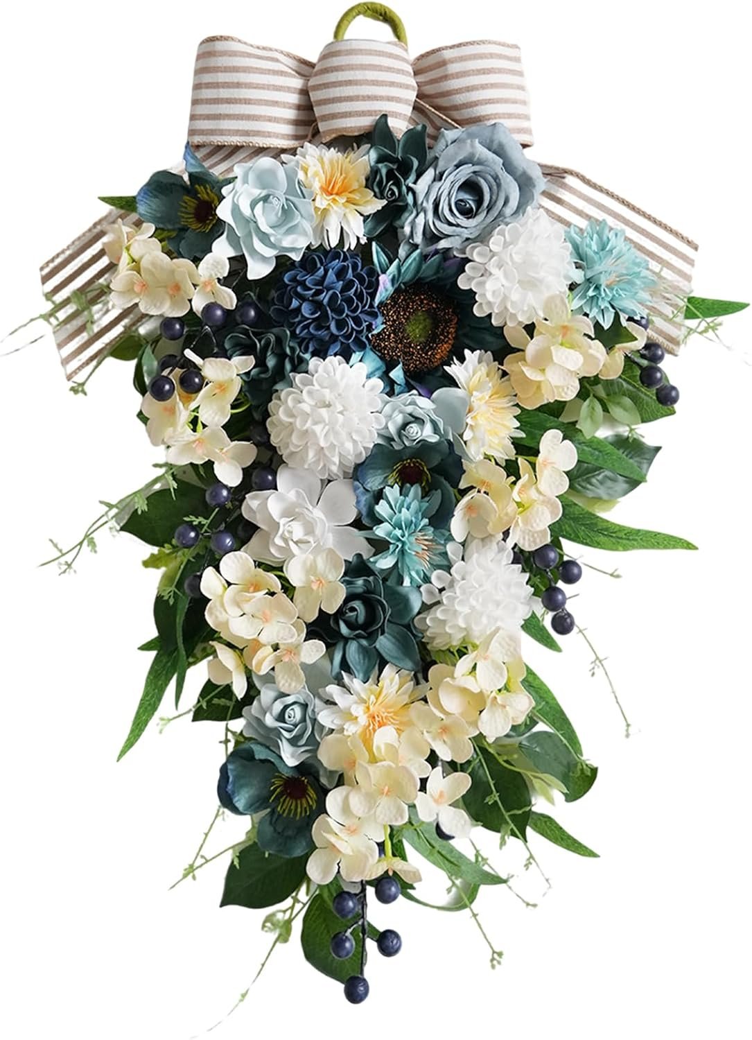 Idyllic 25 Inch Spring Blue Rose Door Hanging Artificial Floral Swag for Front Door Window Porch Stair Railing Spring Holiday Indoor Outdoor Home Decor