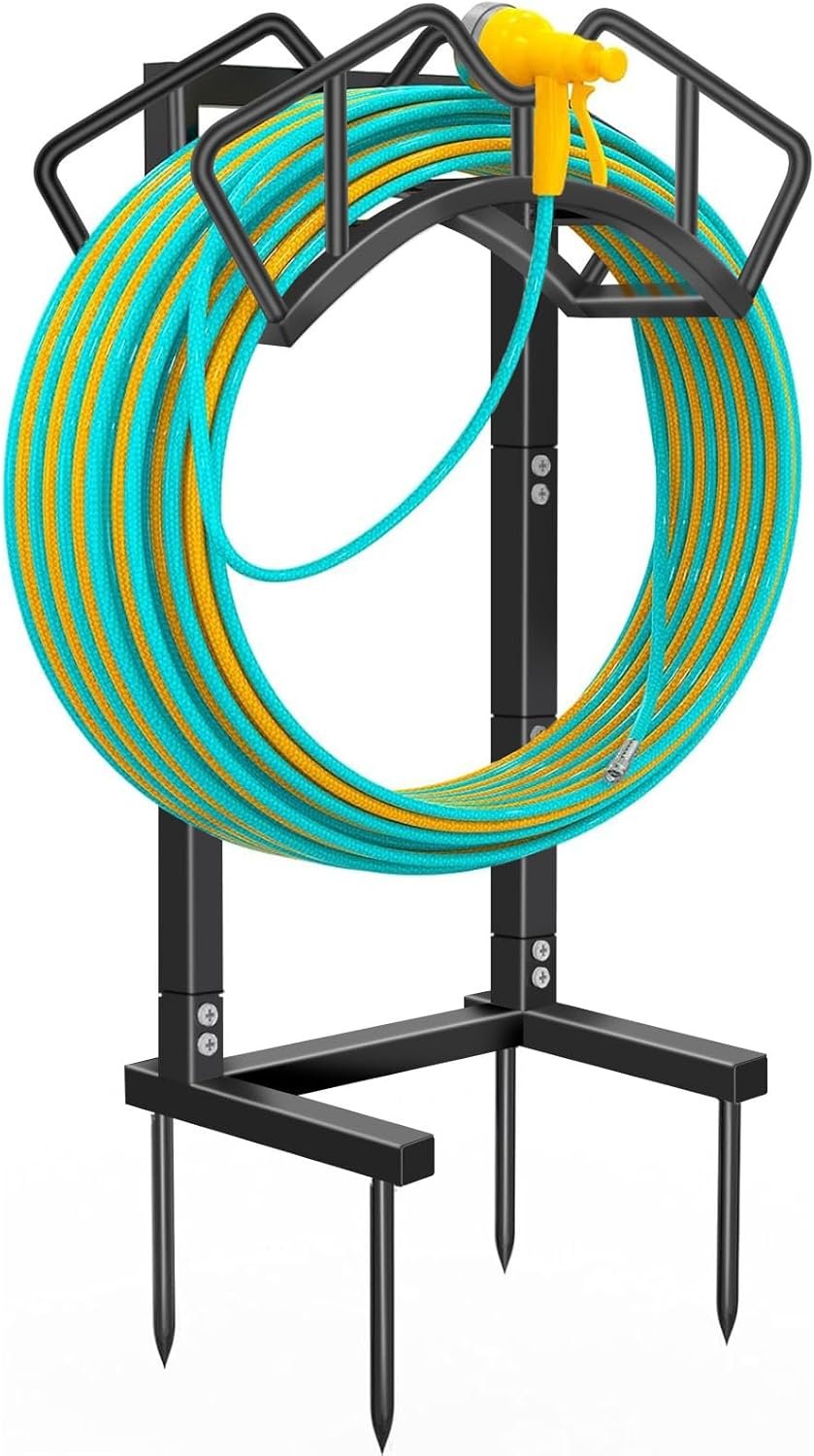 Qatsrin Super Stable Garden Hose Holder, Detachable Water Hose Holders Stand Holds 160-Feet Freestanding Hose Storage Hanger Rack for Outside Yard Lawn Farm (Black)