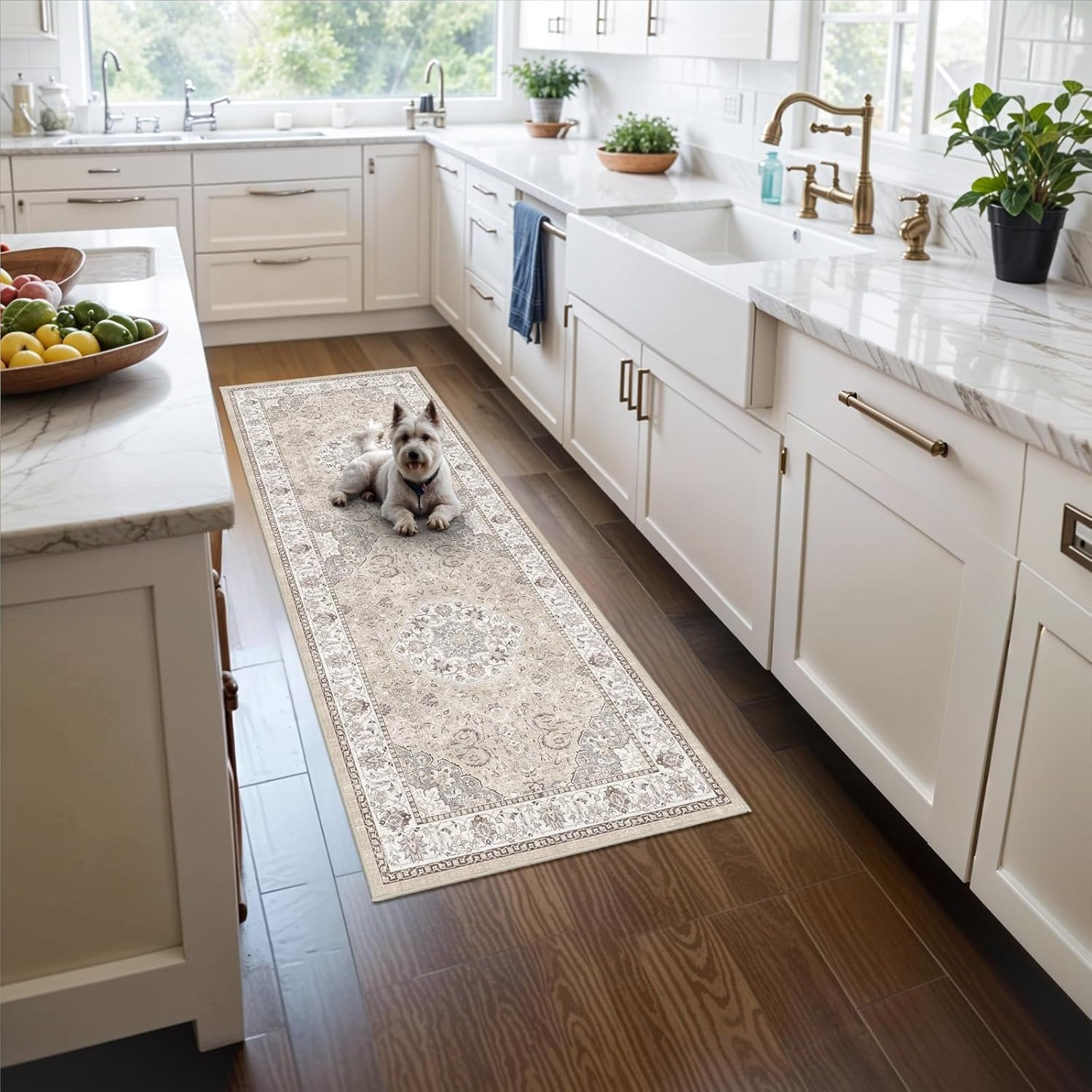 Washable 2×5 Hallway Runner Rug: Vintage Water Resistant Kitchen Entryway Rug Ultra Soft Living Room Bedroom Carpet with Non Slip Backing Indoor Low Pile Floor Mat for Bathroom Dining Room(2X5,Beige)