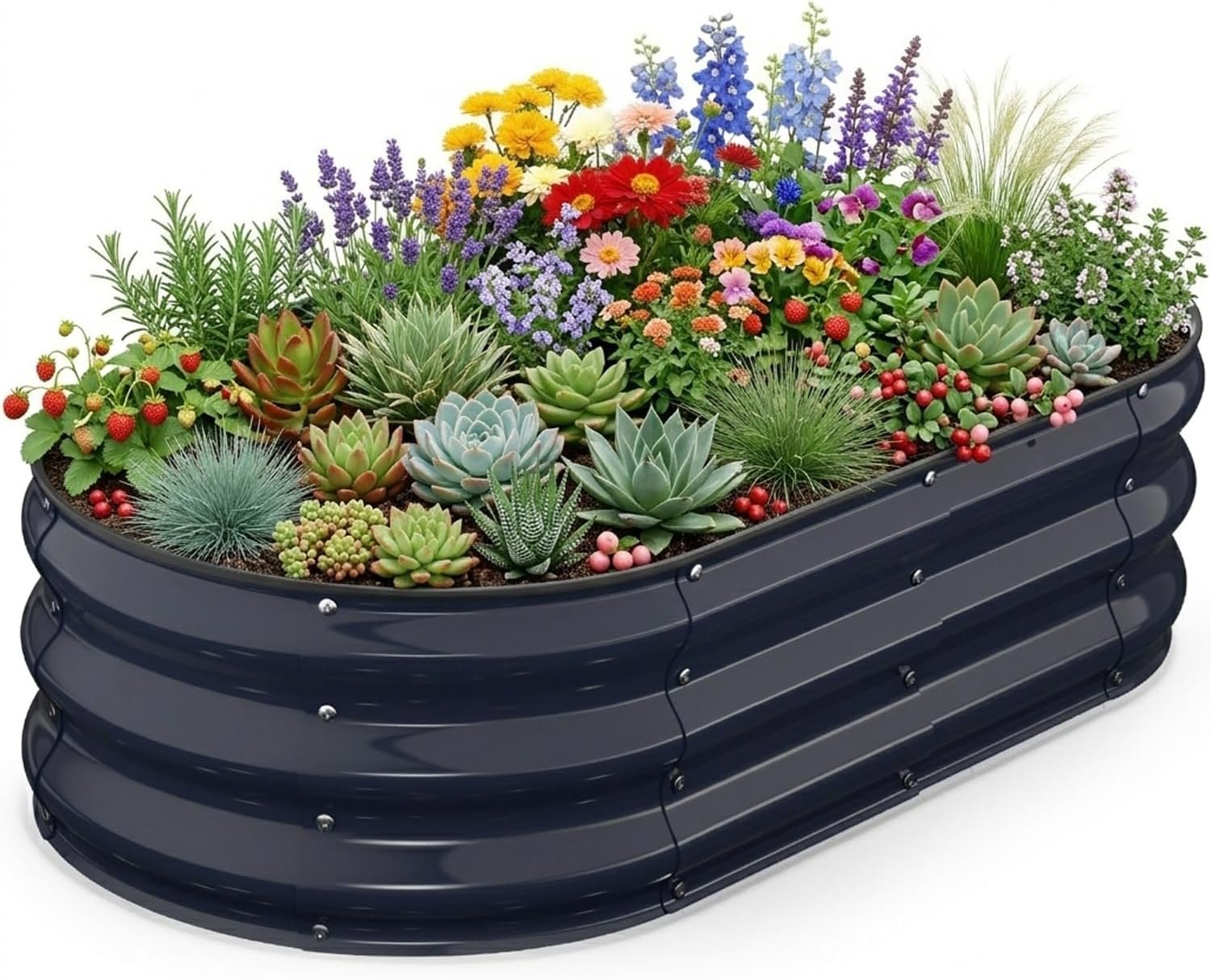 Raised Garden Bed 4×2×1 FT, Galvanized Metal Raised Planter Box Decorative Vegetable & Flower Planting Container for Patio Entryway Poolside Outdoor Landscaping Midnight Blue