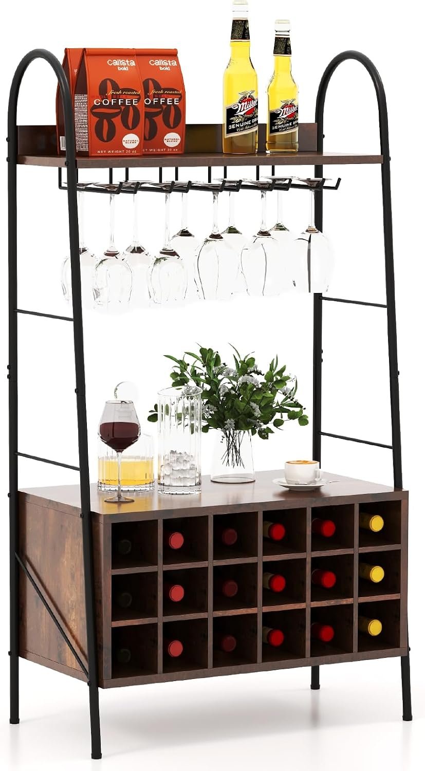 GOFLAME Wine Rack Freestanding Floor, Industrial Wine Bar Rack with Removable 18-Bottle Wine Rack, Stemware Holder for 15 Glasses, 2 Open Shelves, Wine Holder Stand for Kitchen, Dining Room, Bar