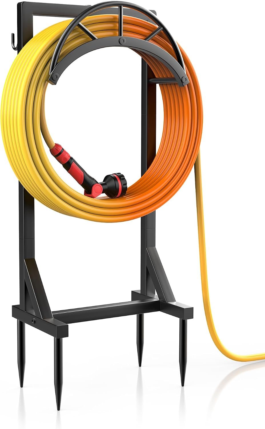 Garden Hose Holder and Hanger, Metal Water Hose Storage Stand, Upgraded Freestanding Water Hose Organizer Rack with 2 Tool Hooks for Outdoor Yards, Farms and Lawns, Black