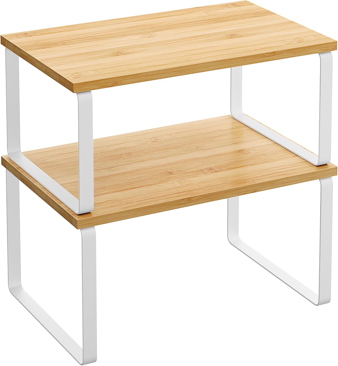 SONGMICS Cabinet Organizer Shelf, Set of 2 Kitchen Counter Shelves, Kitchen Storage, Spice Rack, Stackable, Expandable, Metal and Engineered Wood, 11.7 Inches, Cloud White and Natural Beige UKCS02NW