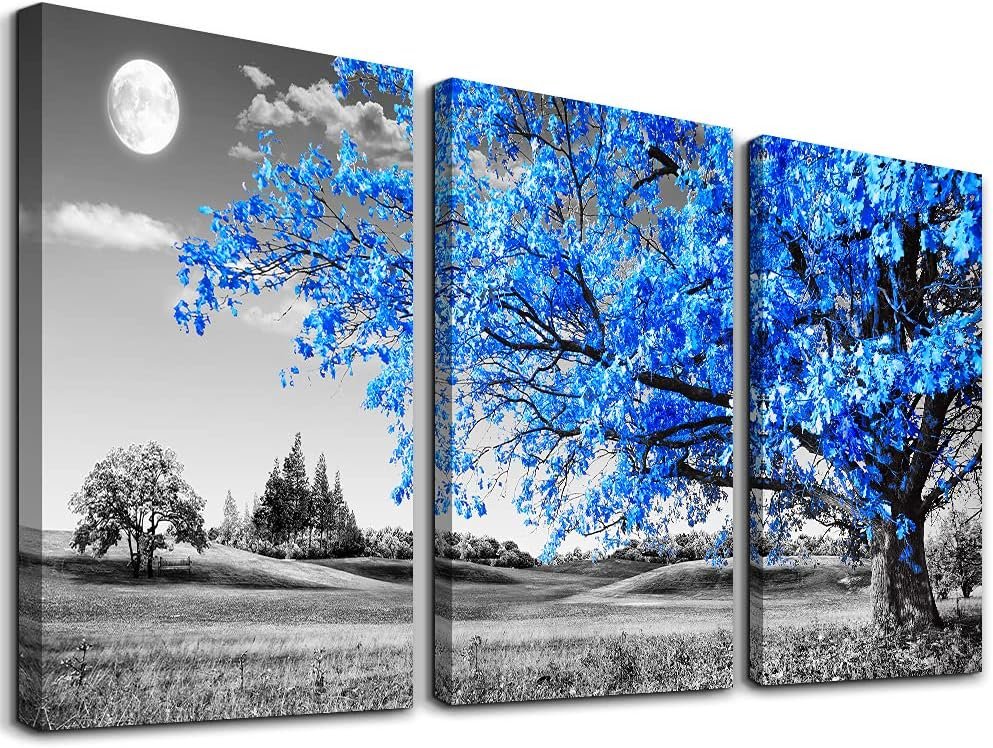 Wall Art For Living Room black and white Blue tree moon Canvas Wall Decor for Home artwork Painting 12″ x 16″ 3 Pieces Canvas Print For bedroom Decor Modern Salon kitchen office Hang a picture