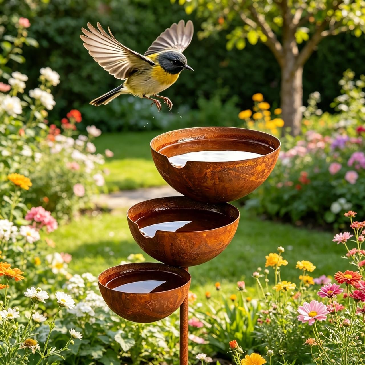 Rain Catcher,Garden Stakes Decorative, Seed Catcher for Bird Feeders,Metal Bird Bath for Outside,2026 New Rain Catchers Garden Stake with 3-tiered Water Bowls,Birds Bath & Butterfly Feeder for Outdoor