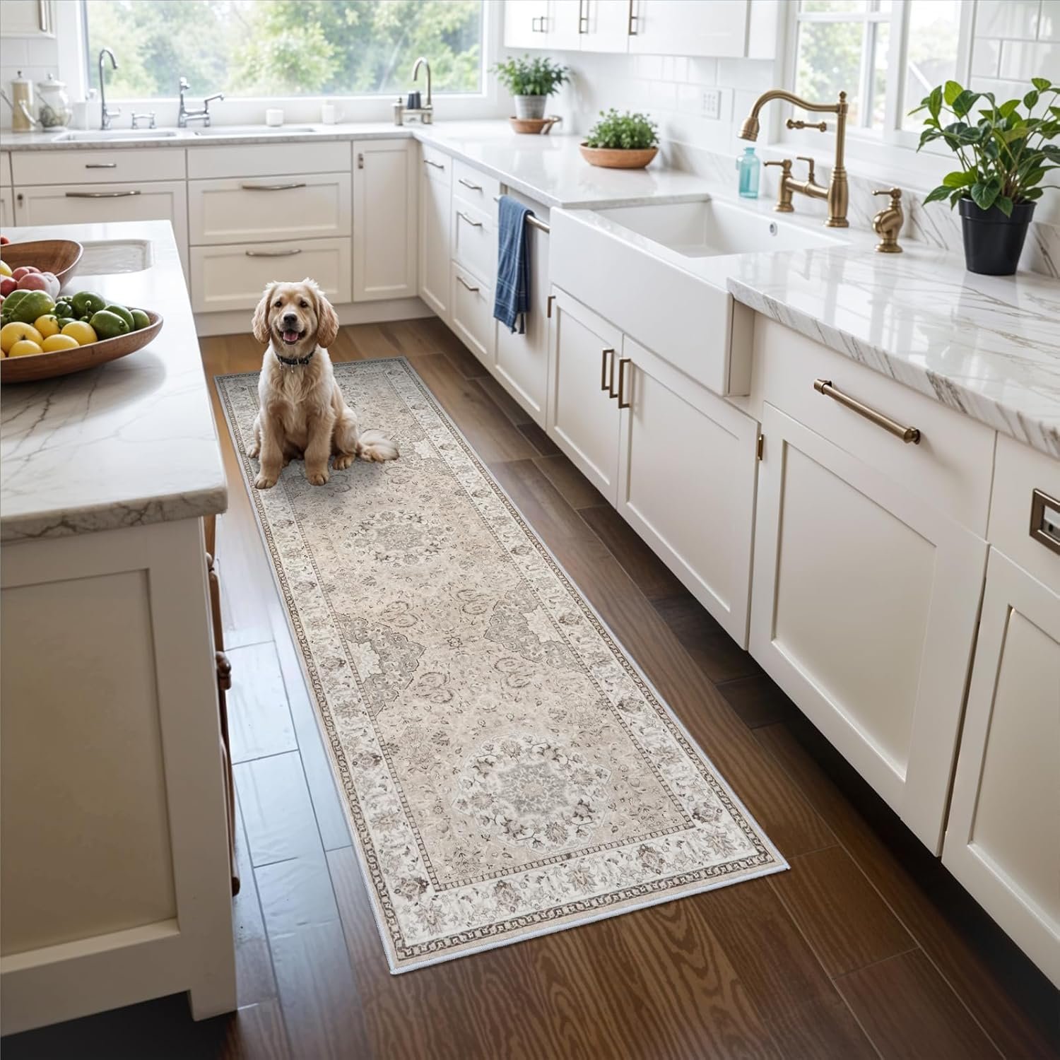 2×6 Hallway Washable Runner Rug : Vintage Soft Kitchen Laundry Runner with Non Slip Backing Farmhouse Entryway Living Room Floor Mat Stain Resistant Carpet for Bedroom Bathroom Distressed Beside Rug