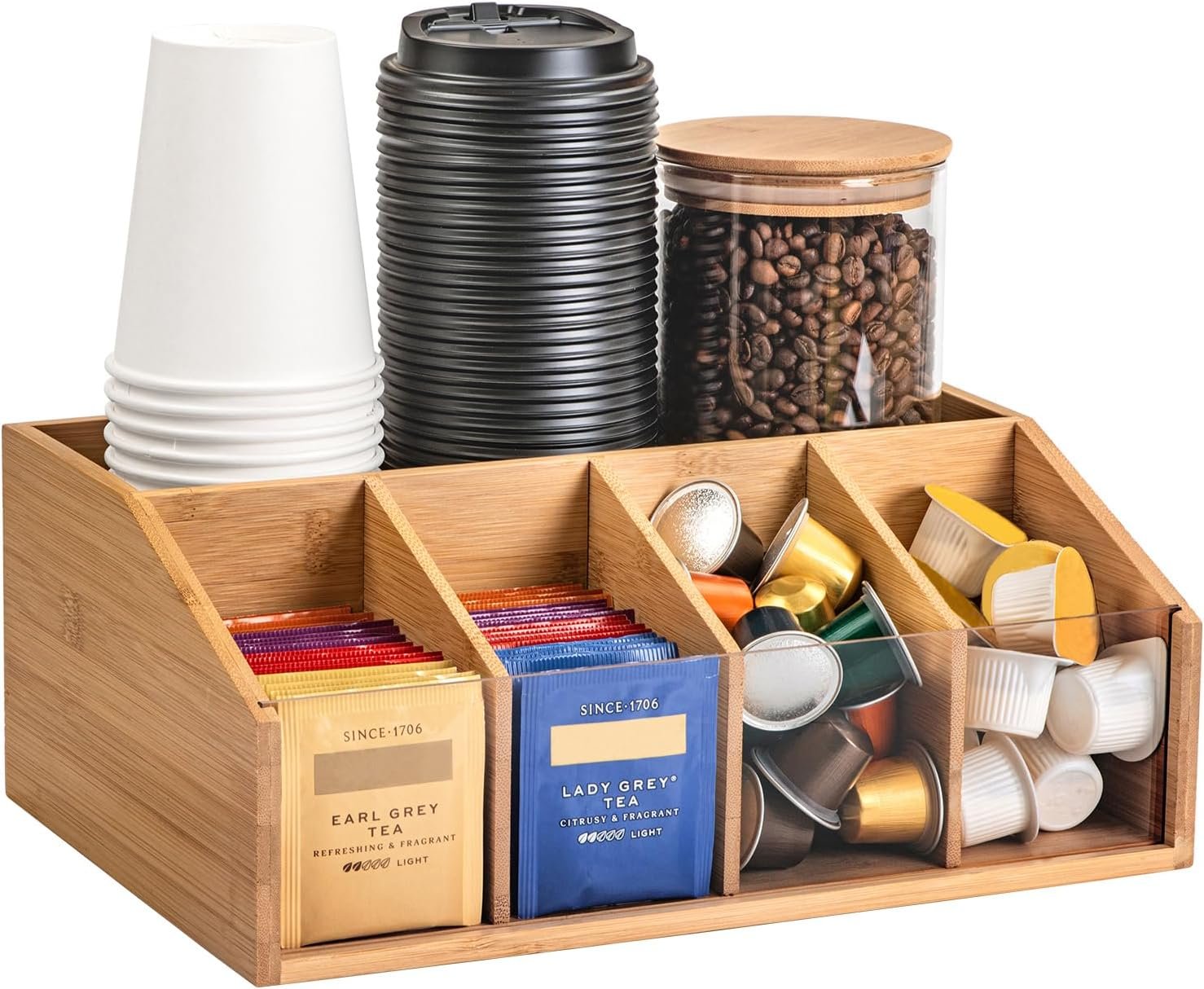 Bamboo Coffee Station Organizer for Countertop, Coffee Bar Accessories Organizer with 5 Compartments for Tea Bags Condiment, Pods, Creamer, Syrup, Cups