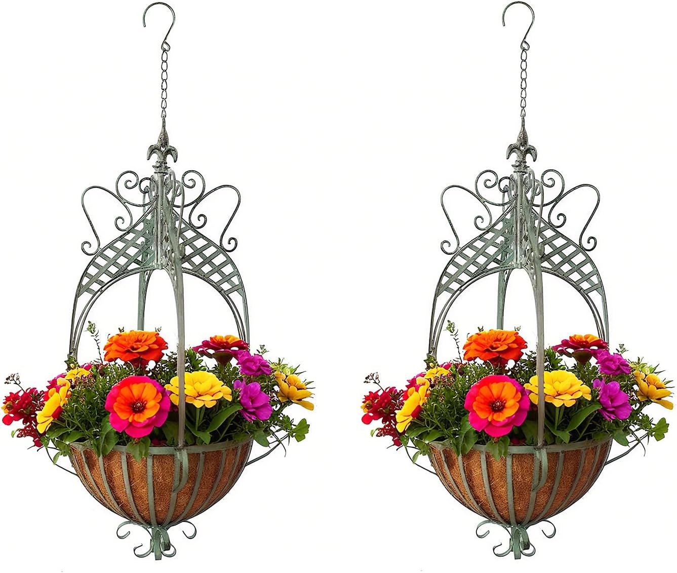 2 Pack Large Hanging Planter for Outdoor Indoor Plants, 12.6-Inch Rustic Metal Hanging Basket for Farmhouse, Patio,Porch,Deck, or Garden – Green