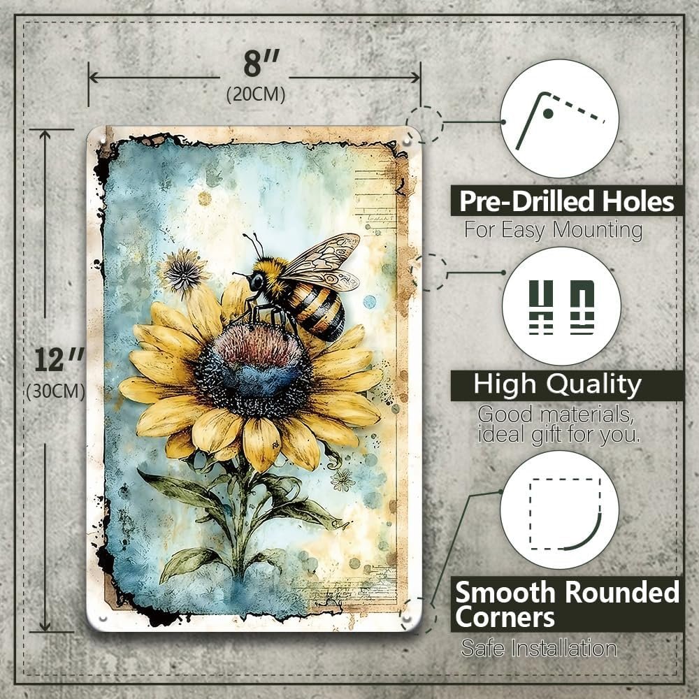 YOYI ART Metal Garden Signs for Outside – Vintage Bee Sunflower Sign, Outdoor Signs for Patio, Backyard, Farmhouse, Garden, Porch, Home and Yard Wall Decor Art, Gifts for Women, 8 x 12 inch
