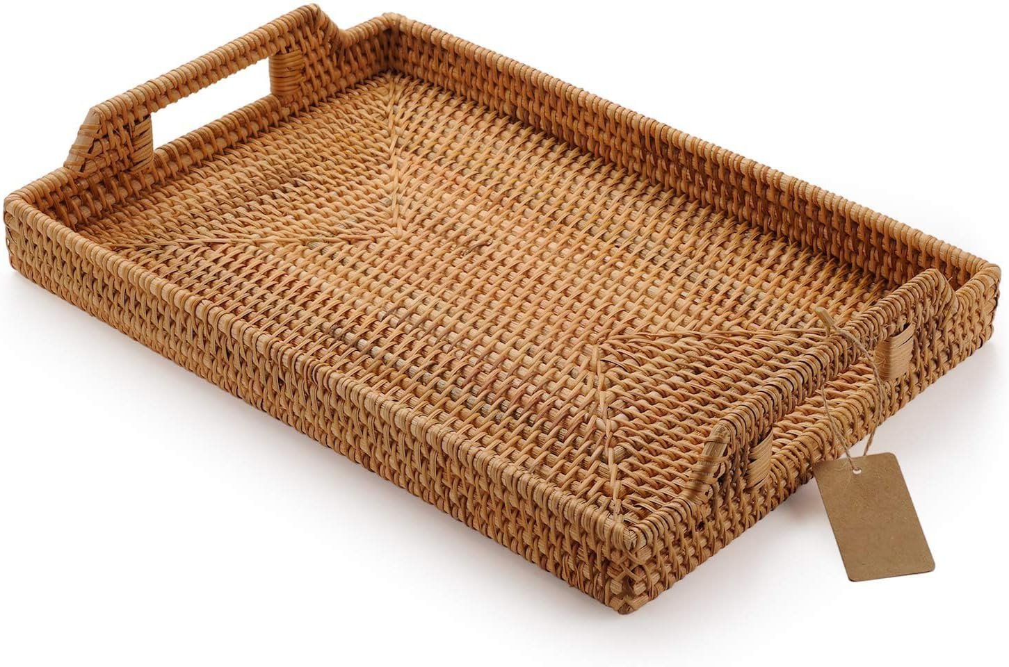 Hand-Woven Rattan Rectangular Serving Tray with Handles for Breakfast, Drinks, Snack for Coffee Table (14.5×10.2×1.4inches)