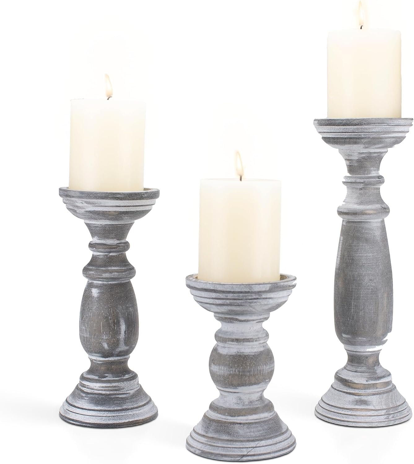 BANOMII Rustic Wooden Pillar Candle Holders Set of 3, 12” 9” 6” Farmhouse Wood Candle Stand for Table Centerpieces, Vintage Tall Candleholders Fireplace Mantel Decor for Living Room, Grey