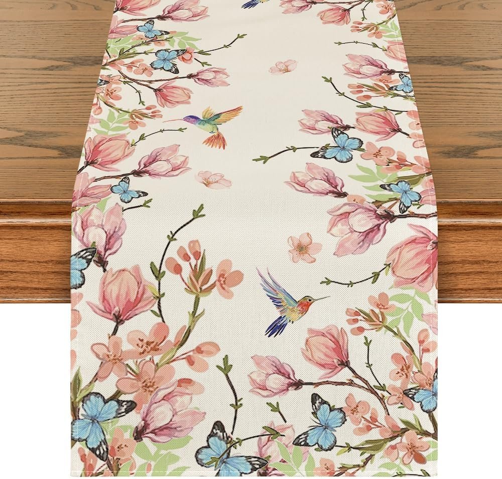 Artoid Mode Flowers Bird Butterfly Spring Table Runner, Seasonal Kitchen Dining Table Decoration for Home Party Decor 13×72 Inch