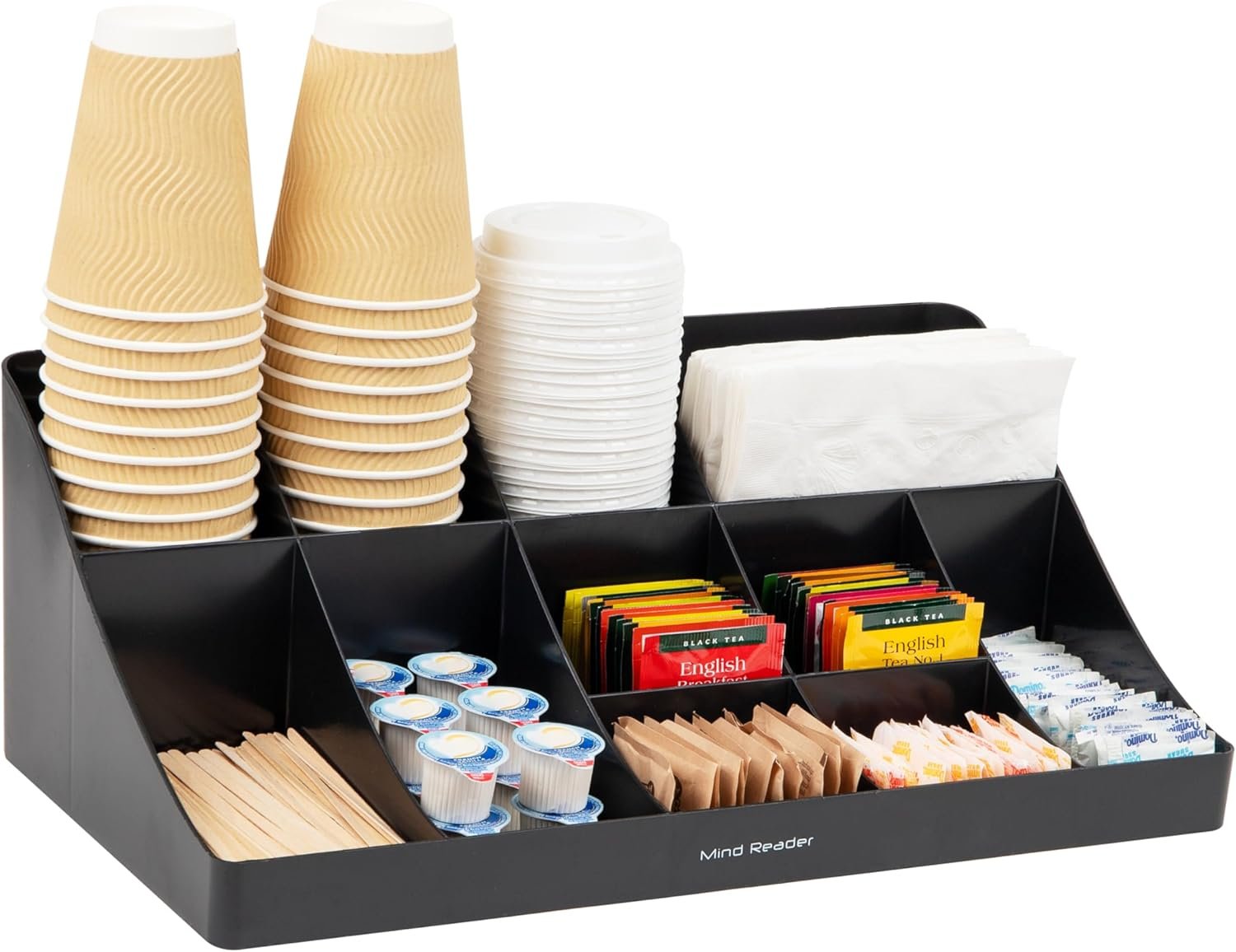 Mind Reader Cup and Condiment Station, Countertop Organizer, Coffee Bar, Kitchen, Stirrers, 17.875″L x 9.5″W x 6.625″H, Black