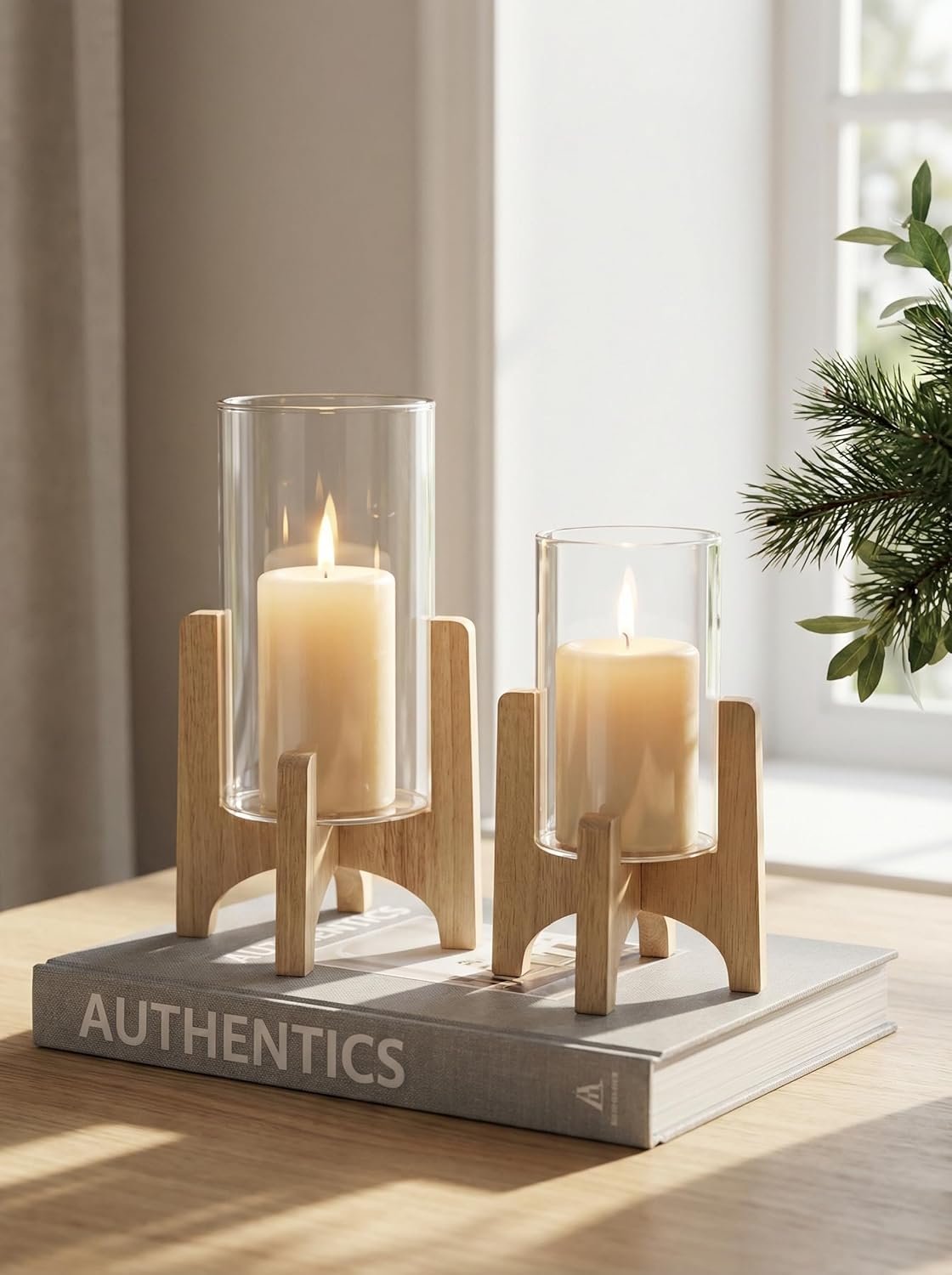 NUPTIO Hurricane Glass Candle Holders: Set of 2 Pillar Candle Holders with Wooden Stands – Mid Century Organic Modern Vases for Dining Table Centerpieces Decor