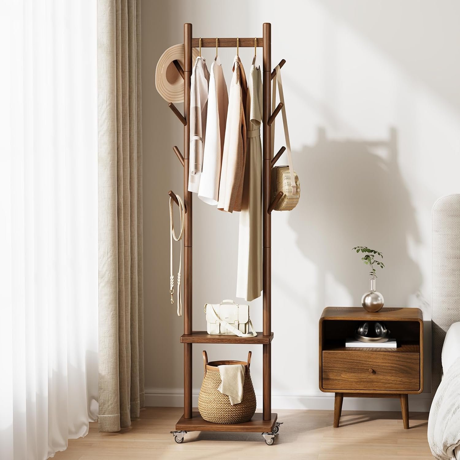 Yoobure Solid Wood Coat Rack Freestanding – Rolling Clothes Rack with 8 Hooks & Shelves, Small Clothing Rack with Wheels, Heavy Duty Clothing Racks for Hanging Clothes, Portable Hall Tree for Entryway