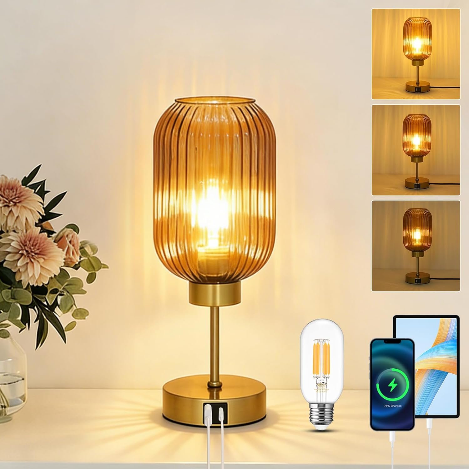 LAMSU Vintage Gold Touch Table Lamp, Small Desk Lamp with Amber Glass Shade, Bulb, Charging Port, Mid Century Modern Bedside Lamp, 3 Way Dimmable Nightstand Lamp for Bedroom Living Room Home Office