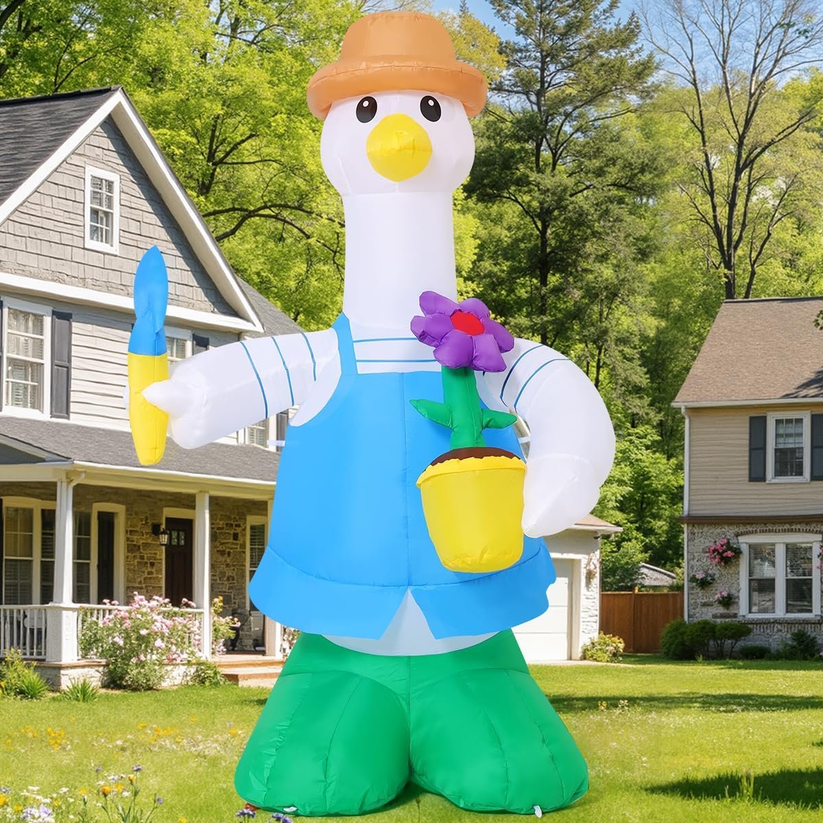 COMIN 5FT Tall Summer Inflatable Outdoor Decoration Goose Hold the Flower Blow Up Yard with Built-in LEDs for Indoor Party Garden Lawn Decor