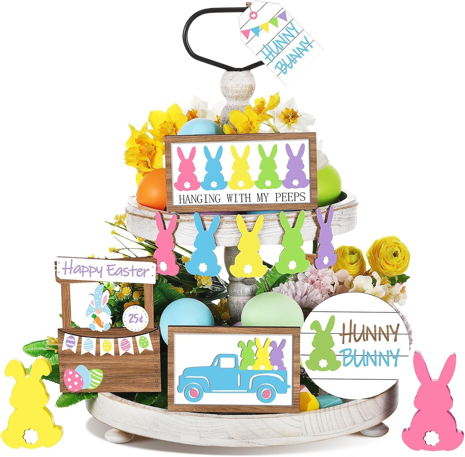 Marsui 12 Pcs Easter Tiered Tray Decor Set Happy Easter Signs Bunny Wooden Sign Rustic Farmhouse Spring Tiered Tray Decorations Set for Home Table